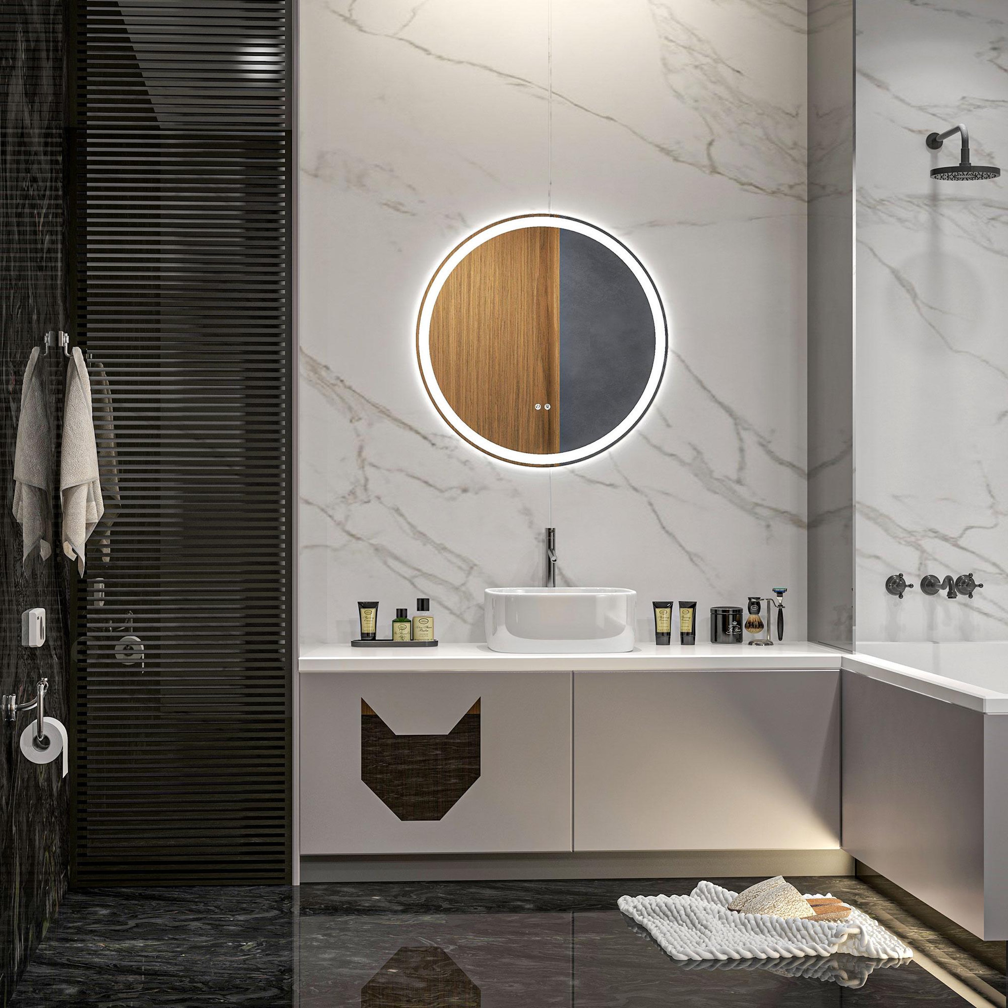 Voir la diapositive 2 : KLEANKIN Miroir rond lumineux led de salle de bain 29 w ø 60 cm tactile antibuée blanc argent