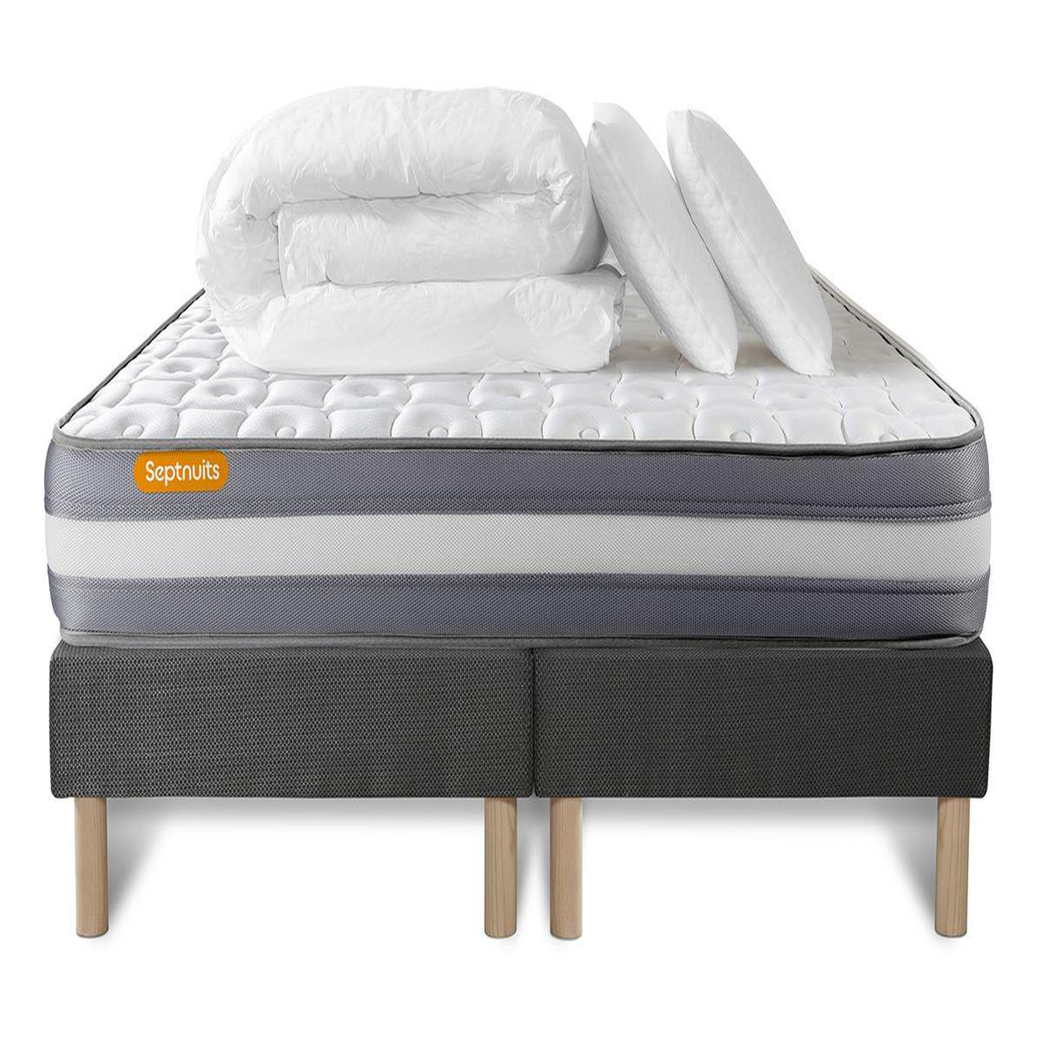 Voir la diapositive 2 : SEPTNUITS PACK matelas + double sommier gris Memo Plus Mémoire de forme 3 zones + 2 oreillers + couette