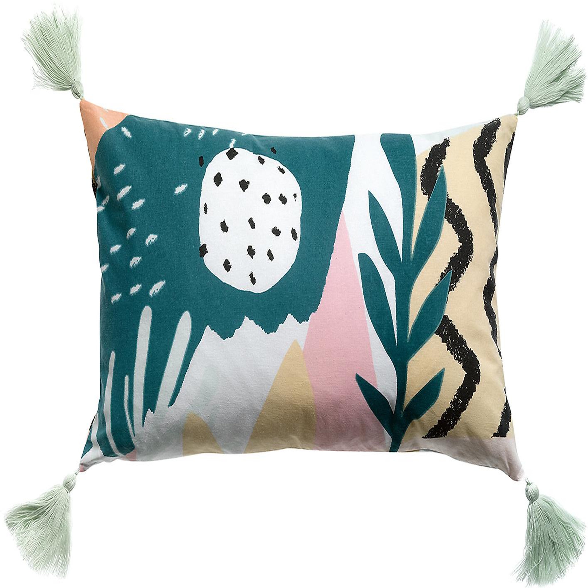 Voir la diapositive 1 : Les Ateliers du Linge Coussin décoratif imprimé en coton avec pompons