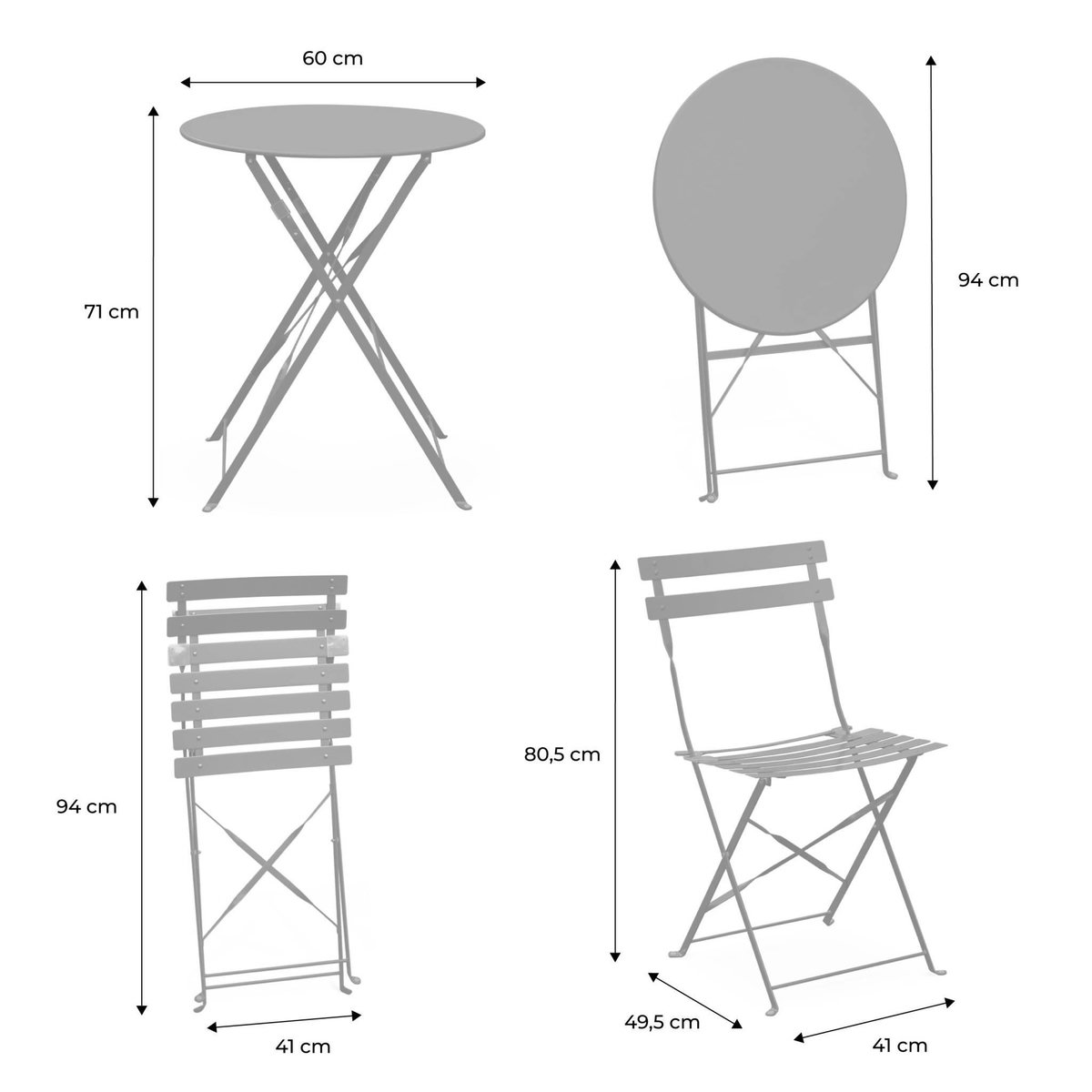 SWEEEK Table de jardin bistrot pliante métal + 2 assises bleu grisé Ø60 x 70cm. acier thermolaqué