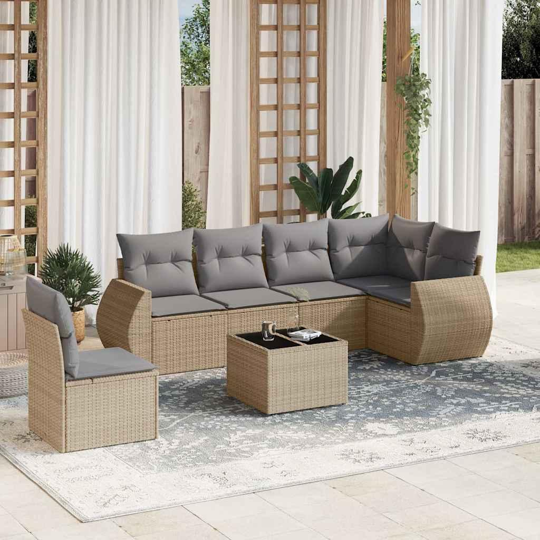 VIDAXL Salon de jardin avec coussins 7 pcs beige resine tressee
