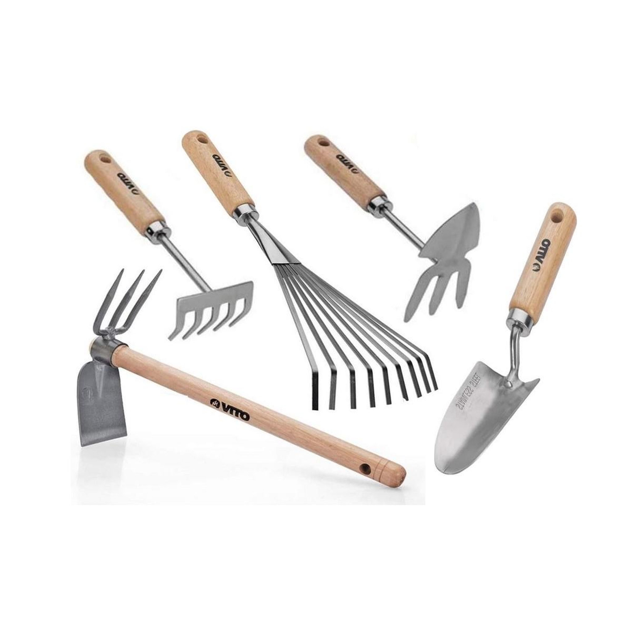 VITO Kit 5 outils de jardin Manche bois Inox et Fer forgés à la main Haute qualité VITO