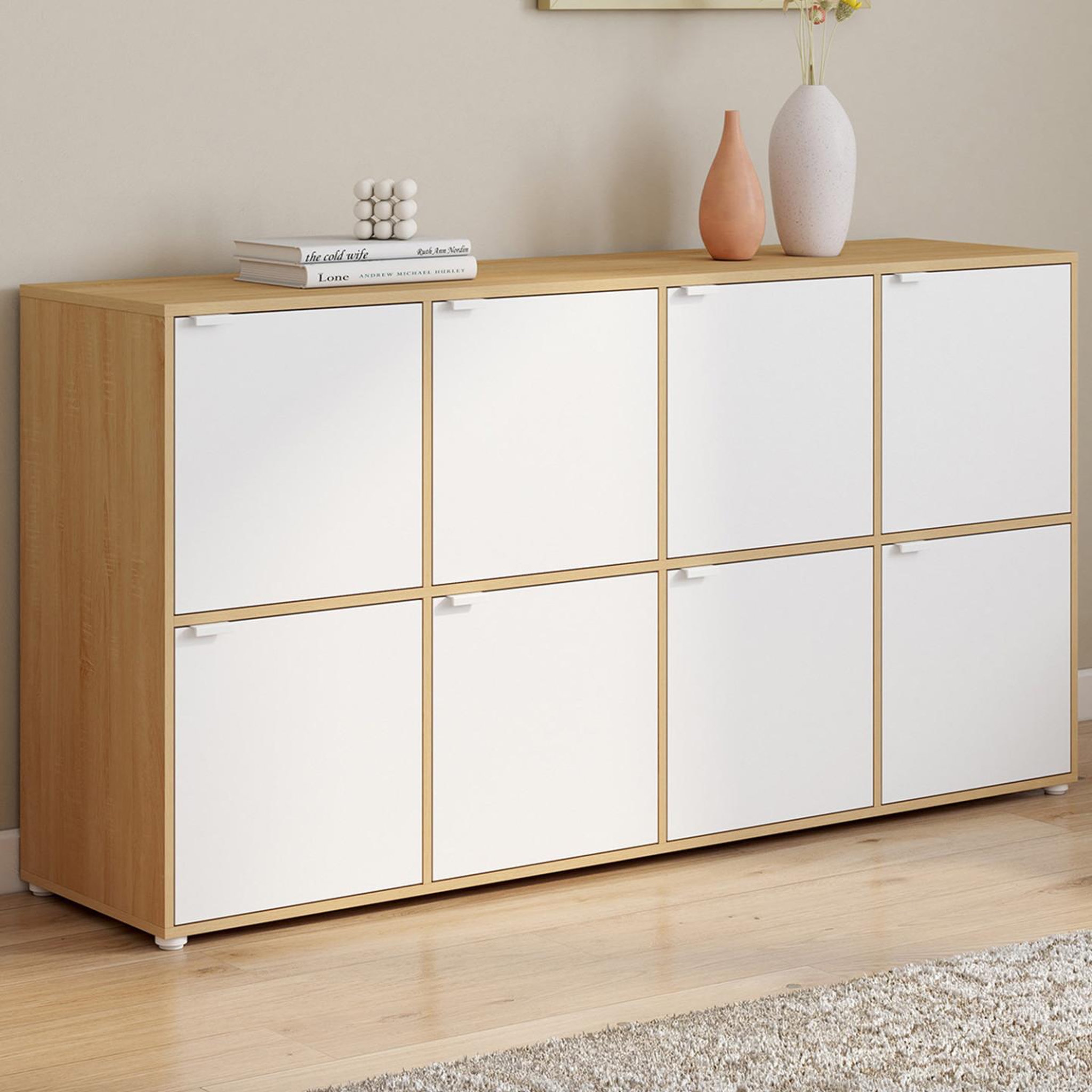 Voir la diapositive 2 : ID MARKET Buffet casier 139 cm cassie 8 portes blanc et bois
