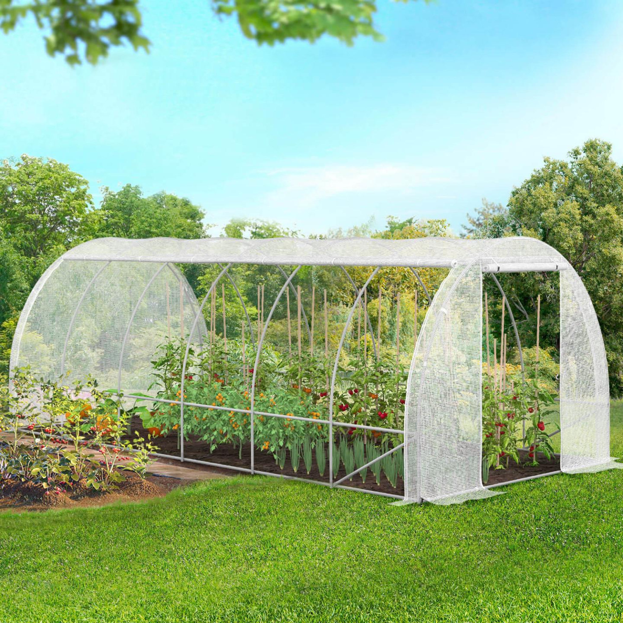 Voir la diapositive 2 : ID MARKET Serre de jardin tunnel 18m² 6 x 3 x 2 m acier galvanisé + bâche anti-uv avec porte et fenêtres crimée blanche toutes saisons