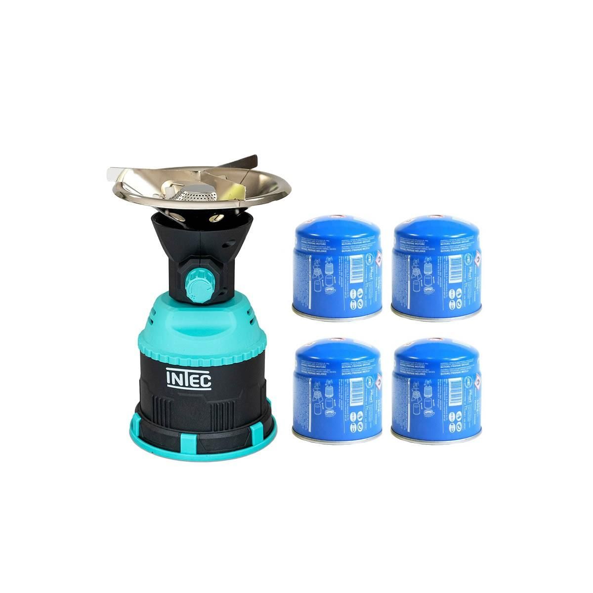 INTEC Rechaud gaz 1200W piezo Coque ABS + 4 Cartouches gaz 190 gr INTEC