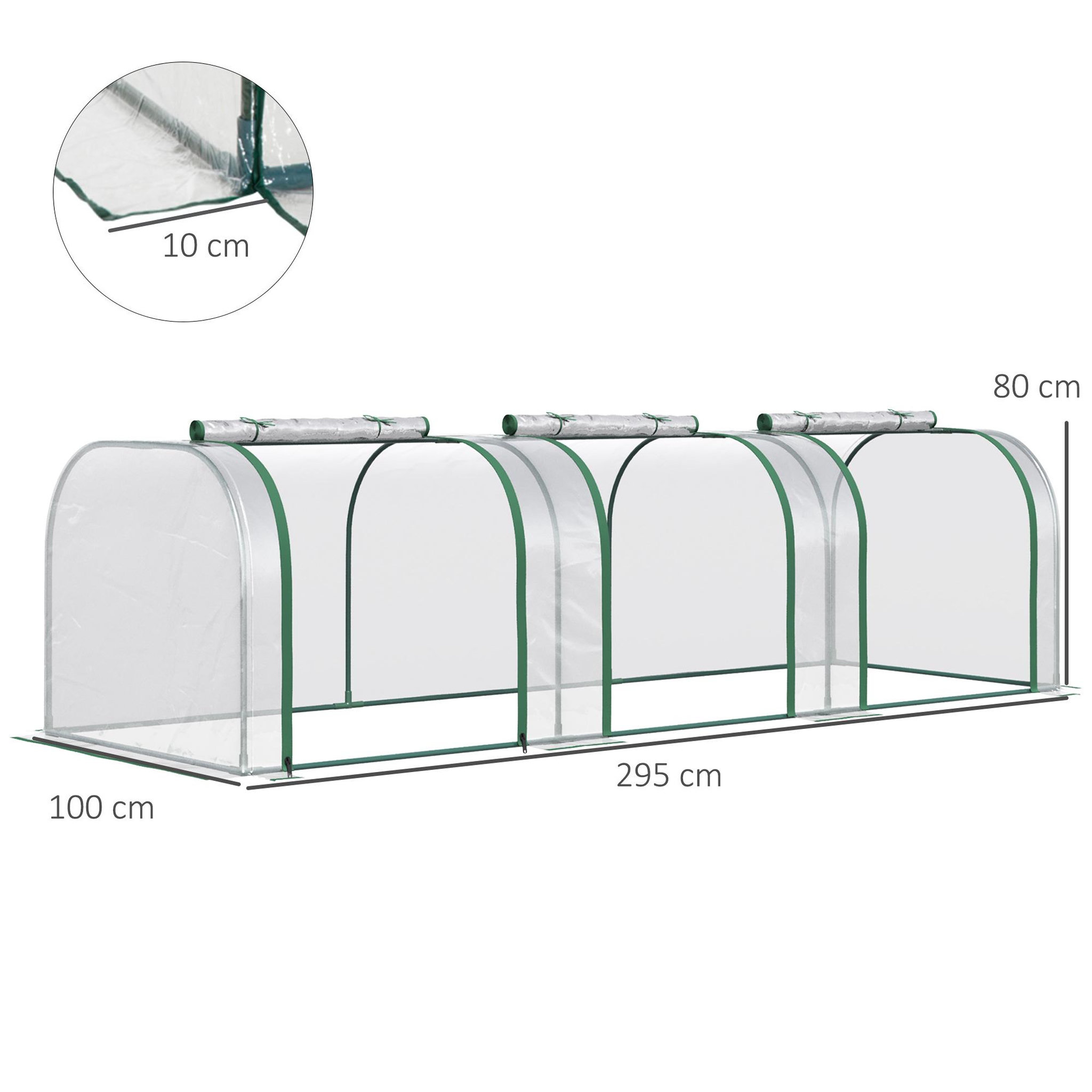Voir la diapositive 3 : OUTSUNNY Serre de jardin tunnel 2,95L x 1l x 0,8H m 3 portes zippées bâche PVC transparent métal époxy vert
