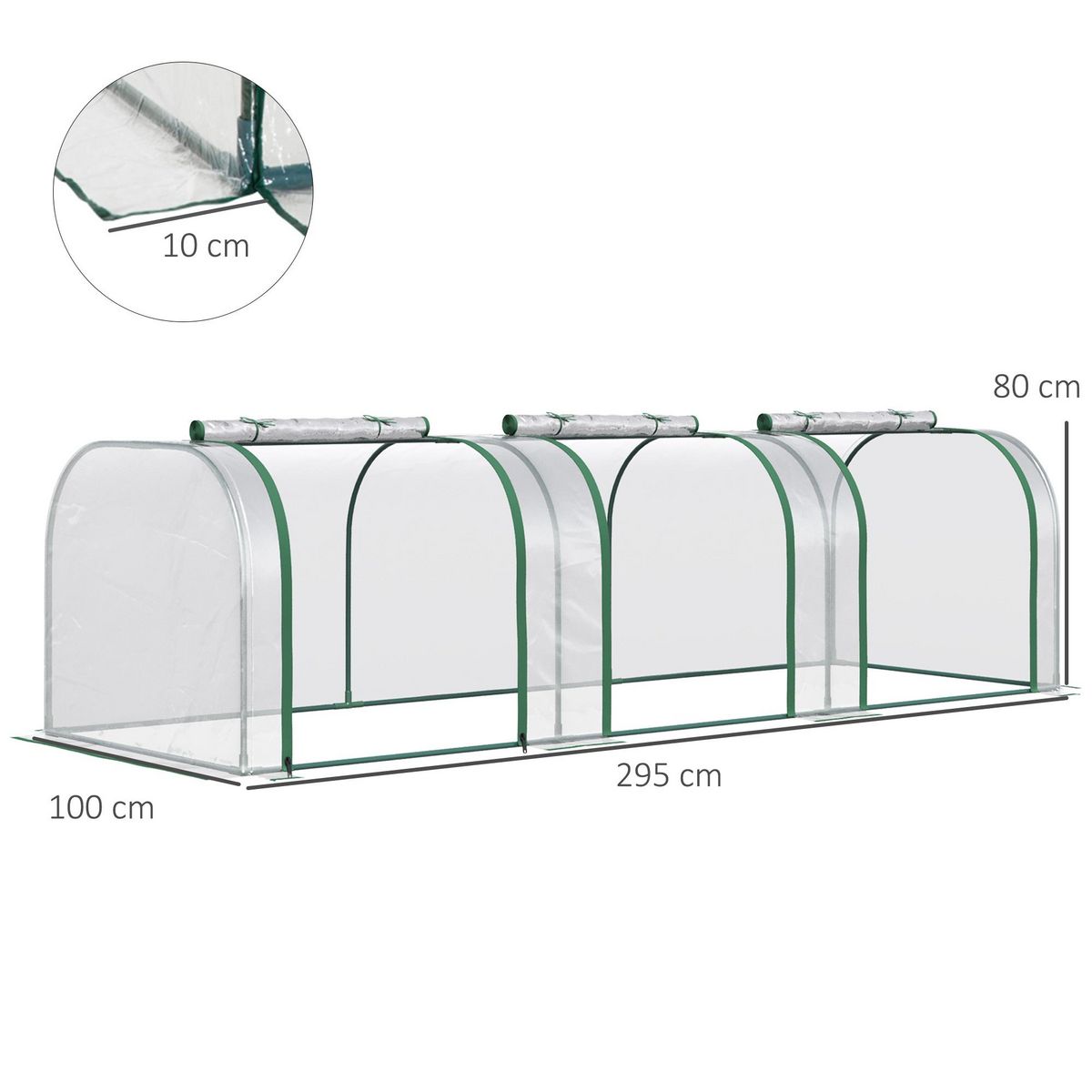 OUTSUNNY Serre de jardin tunnel 2,95L x 1l x 0,8H m 3 portes zippées bâche PVC transparent métal époxy vert