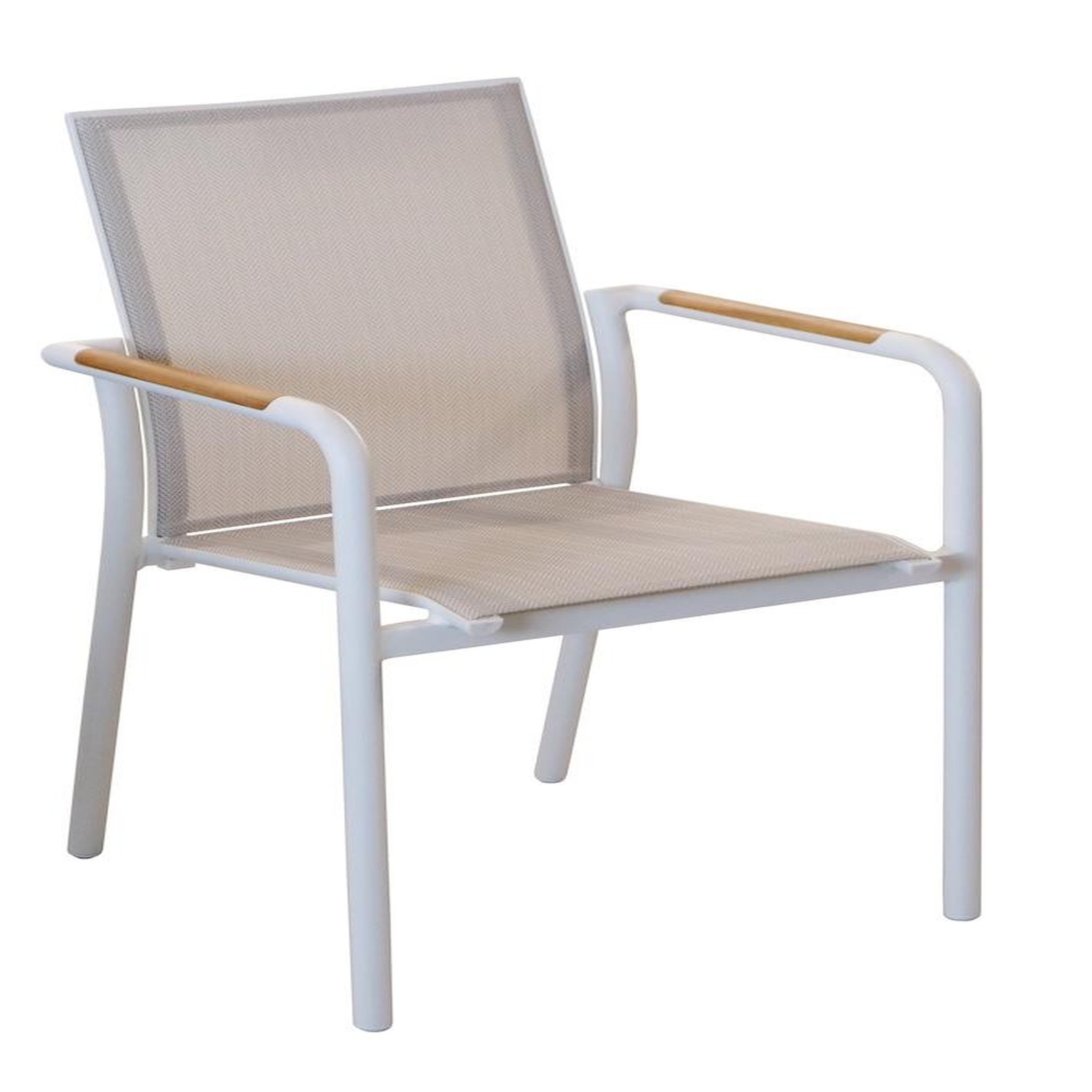 Proloisirs Fauteuil repas empilable - AROHA - Blanc chevron - Aluminium époxy - Accoudoirs teck FSC