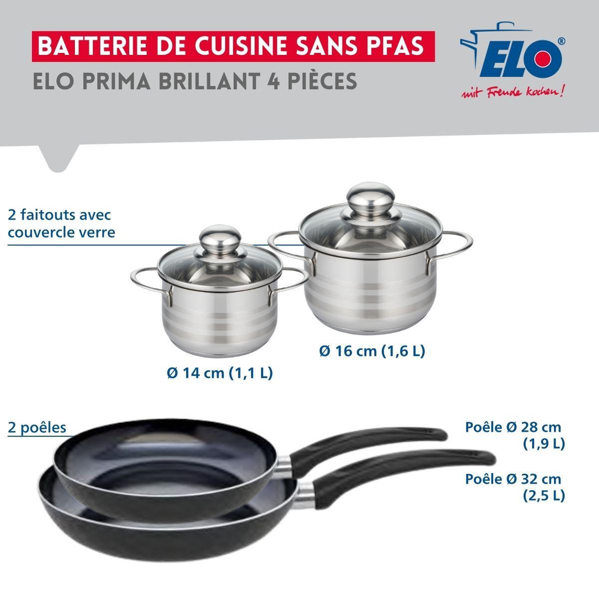 Voir la diapositive 2 : ELO Ensemble de 2 poêles de cuisson 28 et 32 cm et 2 faitouts 14 et 16 cm elo prima brillant