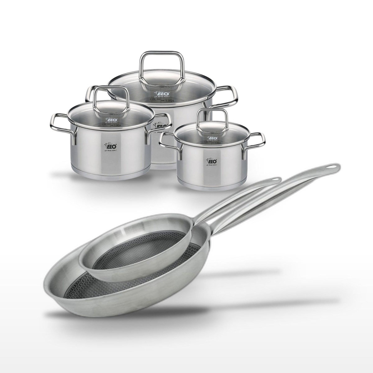 ELO Lot 3 Faitouts Elo Relief Solution 14/16/20 cm et 2 Poêles 24/28 cm