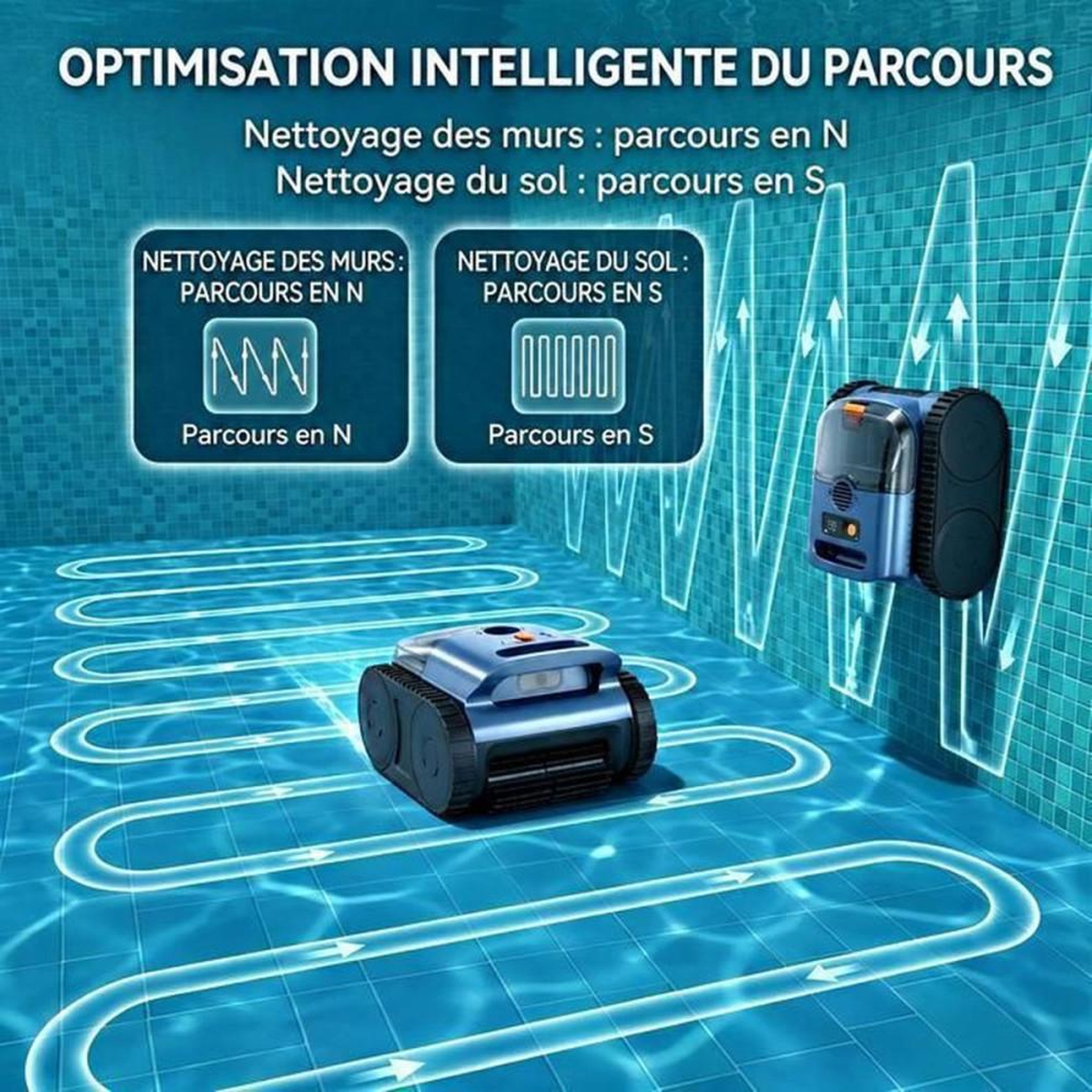 Voir la diapositive 3 : Nettoyeur de piscine robot sans fil gyroscope bleu pour fond, parois et ligne d'eau jusqu'à 200 m²