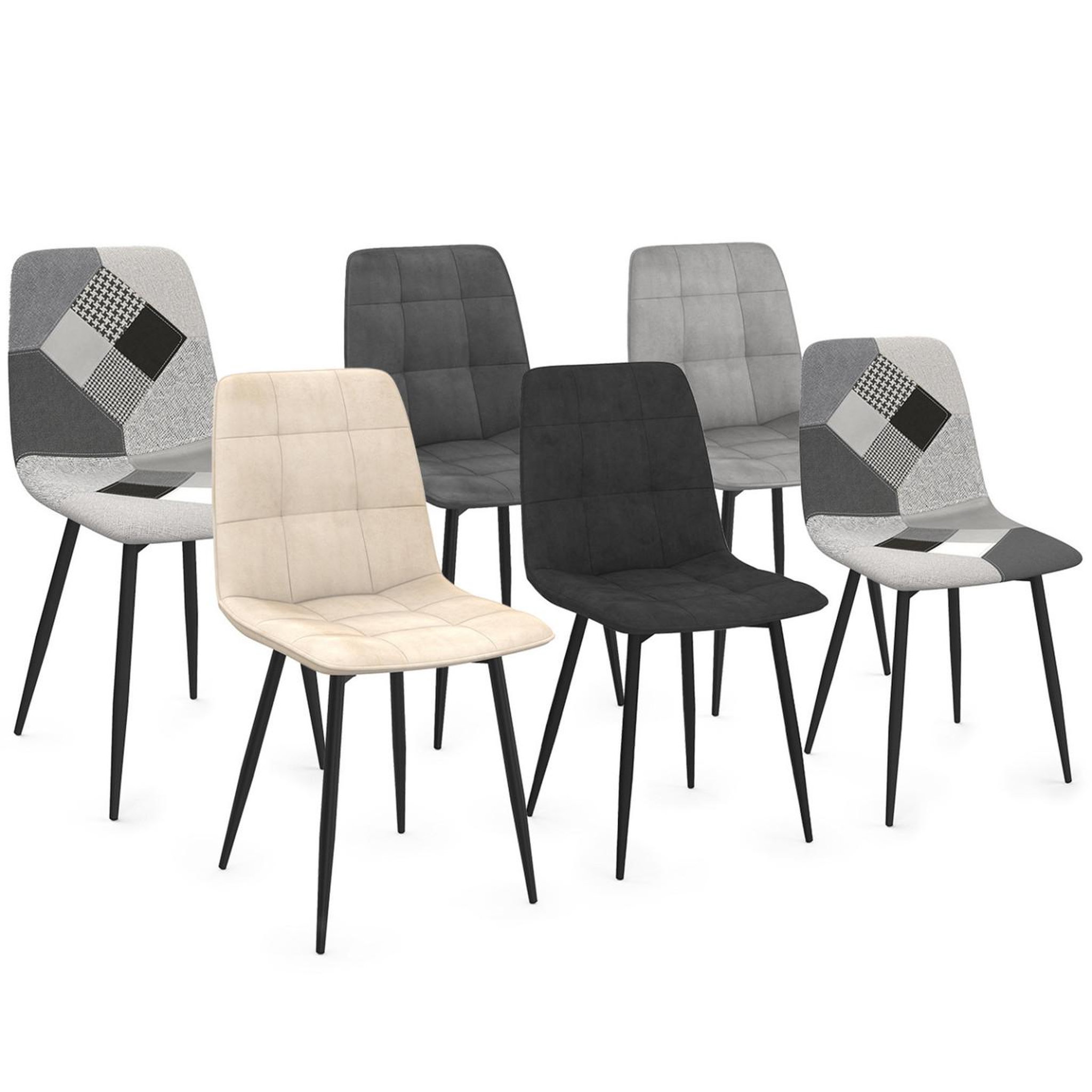 ID MARKET Lot de 6 chaises mila en velours gris foncé, gris clair, beige, noir et patchworks noir, gris et blanc x2 pour salle à manger