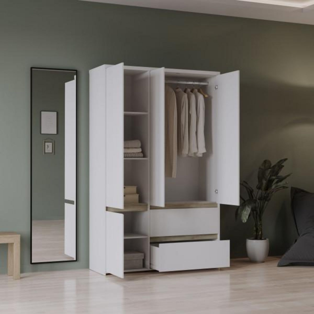 Demeyere Armoire de chambre - CLYDE - Chene Kronberg / Blanc - 4 portes - 138,2 x 50 x 220,5 cm