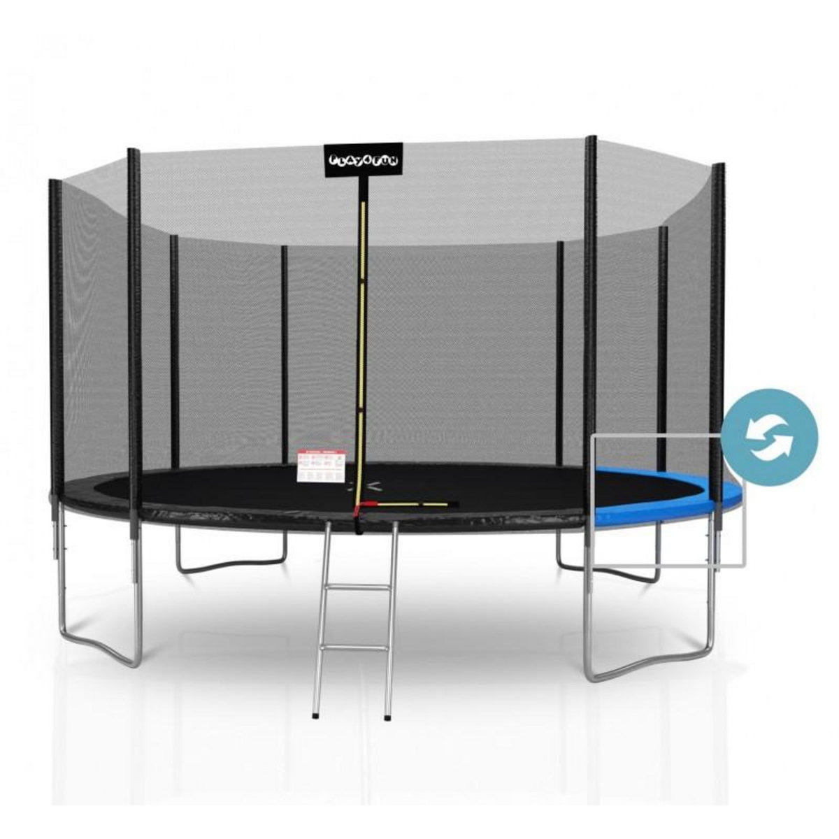 PLAY4FUN Trampoline de Jardin Deluxe 14FT ø427cm Réversible Bleu / Noir - Pack trampo Extérieur avec Echelle, Filet de sécurité
