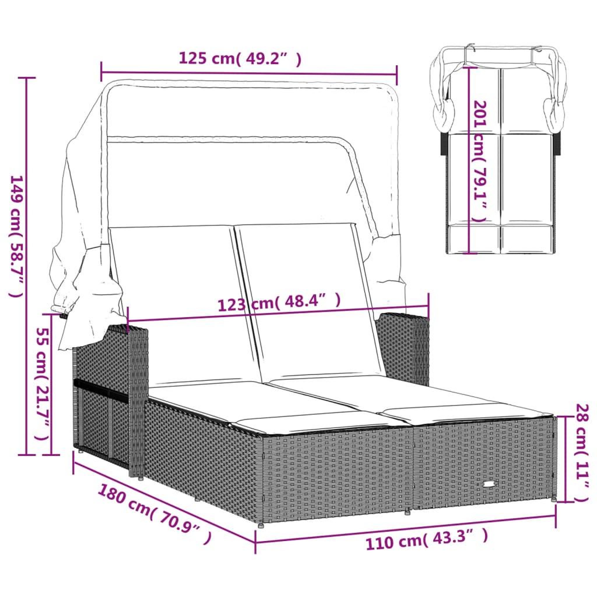 Voir la diapositive 6 : VIDAXL Chaise longue double et auvent et coussins noir resine tressee