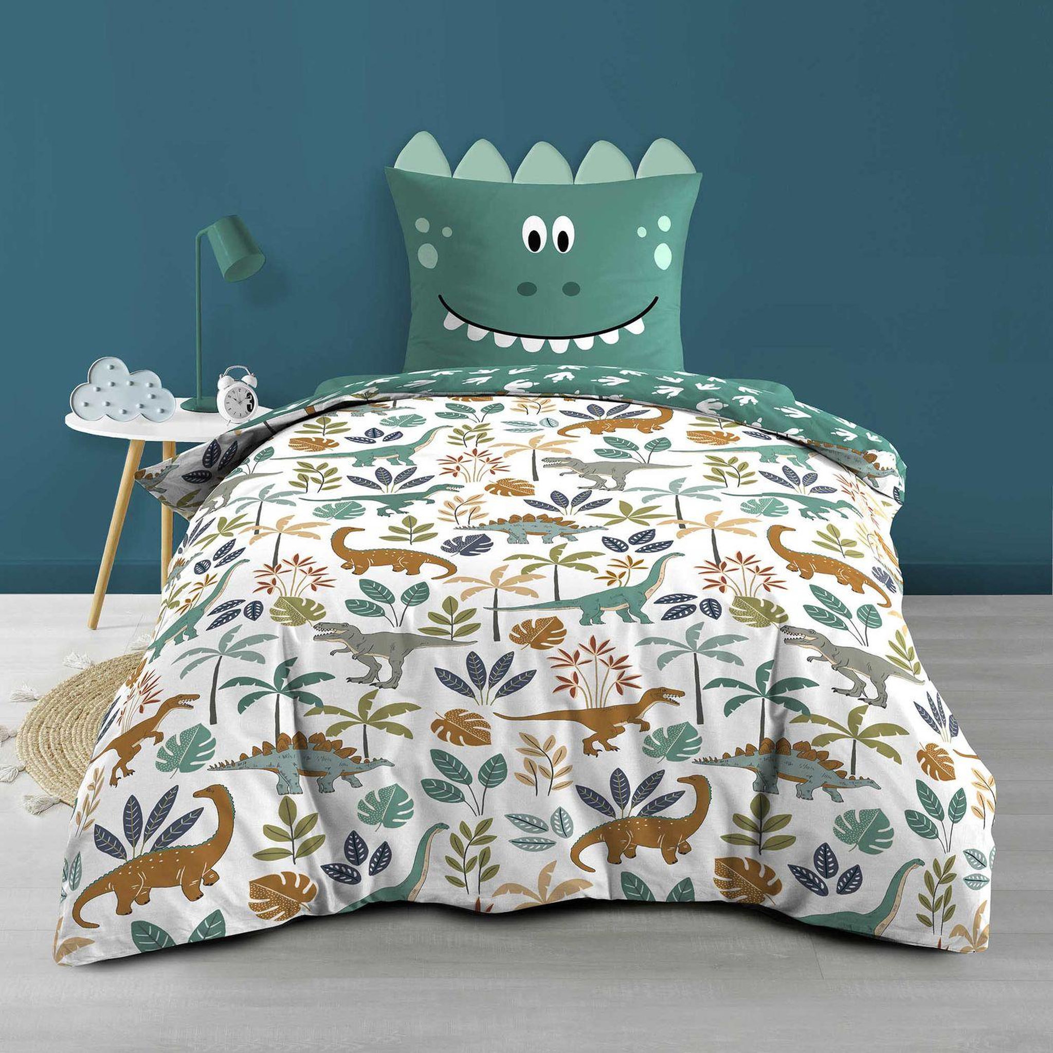 Voir la diapositive 2 : Douceur d'Intérieur Parure de lit enfant réversible DINO - Coton 42 fils/cm² - 140 x 200 cm - Vert