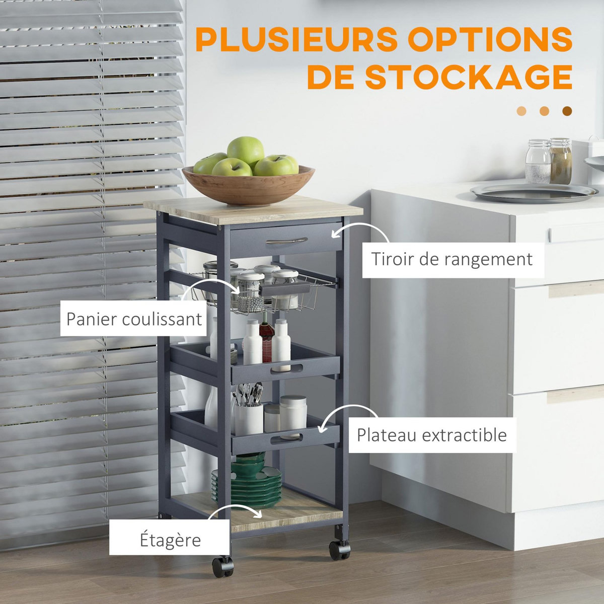 HOMCOM Chariot de service desserte de cuisine à roulettes panier + 2 plateaux amovibles, tiroir, étagère MDF chêne clair bois pin