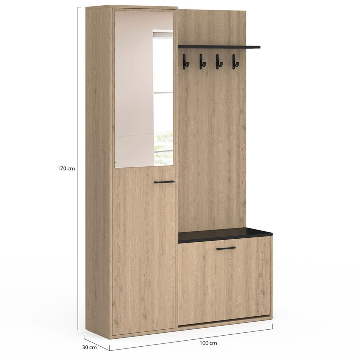 ID MARKET Vestiaire d'entrée rangement chaussures avec miroir et étagères MAHAUT 1 porte effet bois et noir