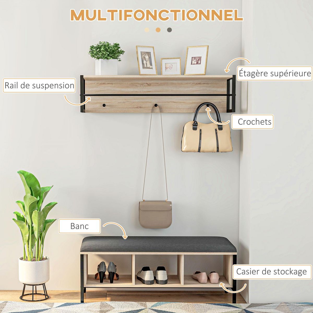 HOMCOM Porte-manteau mural vestiaire d'entrée banc à chaussures 3 compartiments 3 patères barre penderie acier noir aspect chêne clair