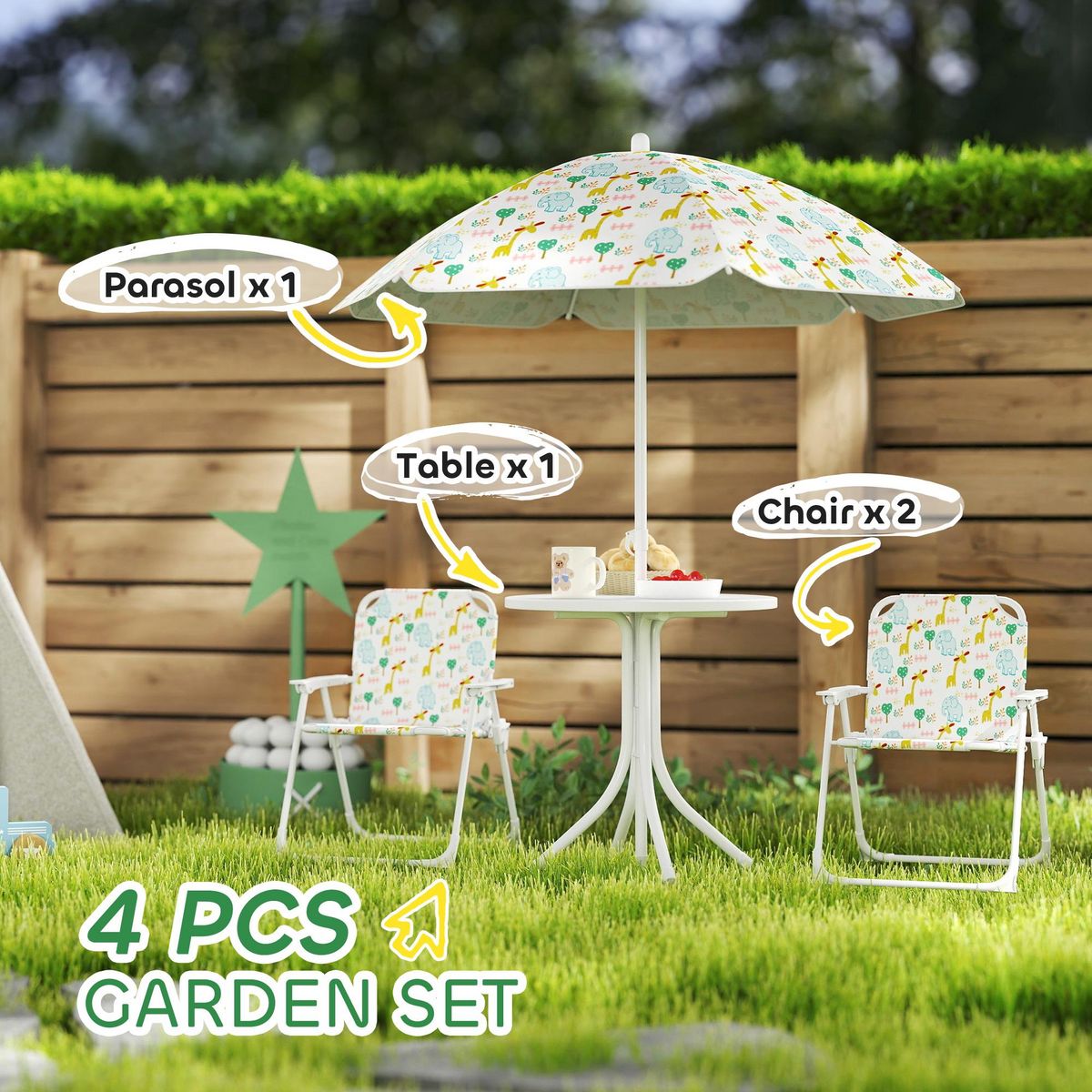 OUTSUNNY Ensemble salon de jardin enfant pliable 2 places 4 pièces motif vie de la savane blanc