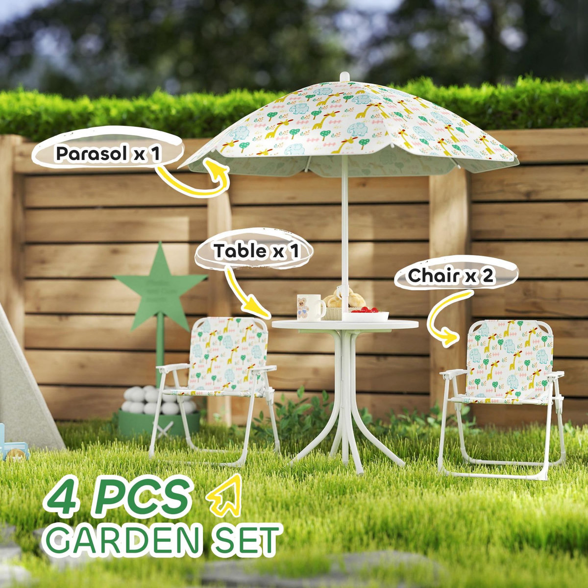 OUTSUNNY Ensemble salon de jardin enfant pliable 2 places 4 pièces motif vie de la savane blanc