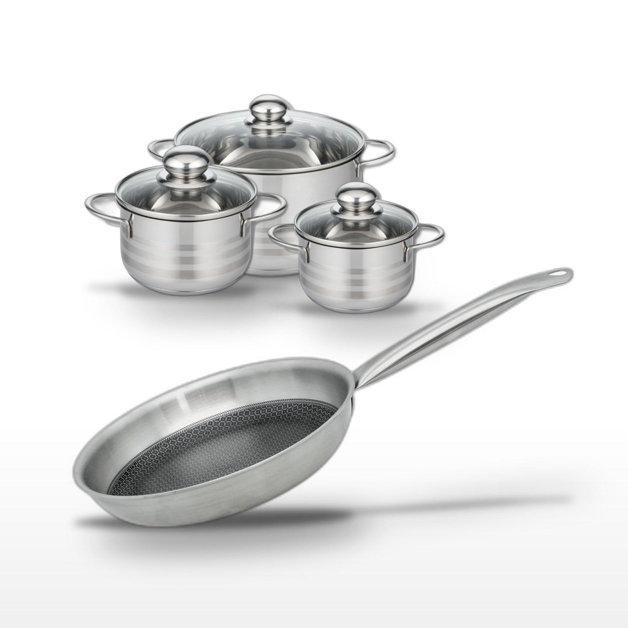 Voir la diapositive 1 : ELO Batterie de cuisine avec 3 faitouts 14/16/24 cm et 1 poêle de cuisson 28 cm en inox sans PFAS Elo Collection Relief Solution Brillant