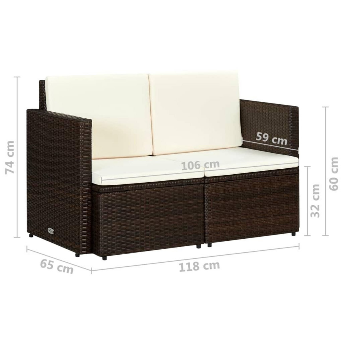 VIDAXL Canape de jardin a 2 places avec coussins Marron Resine tressee
