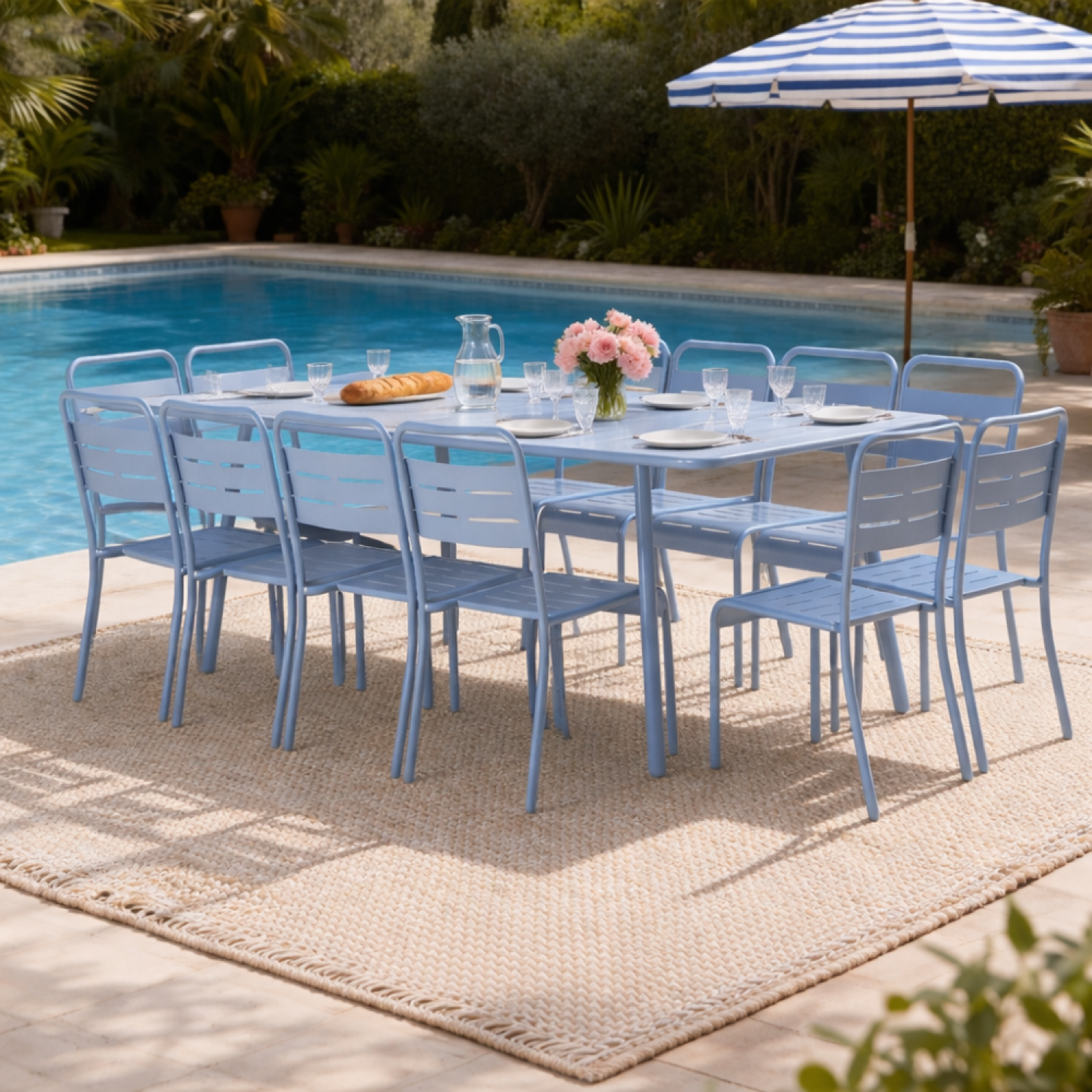 Voir la diapositive 5 : CONCEPT USINE Table de jardin 10-12 places 234cm bleue BERGAME