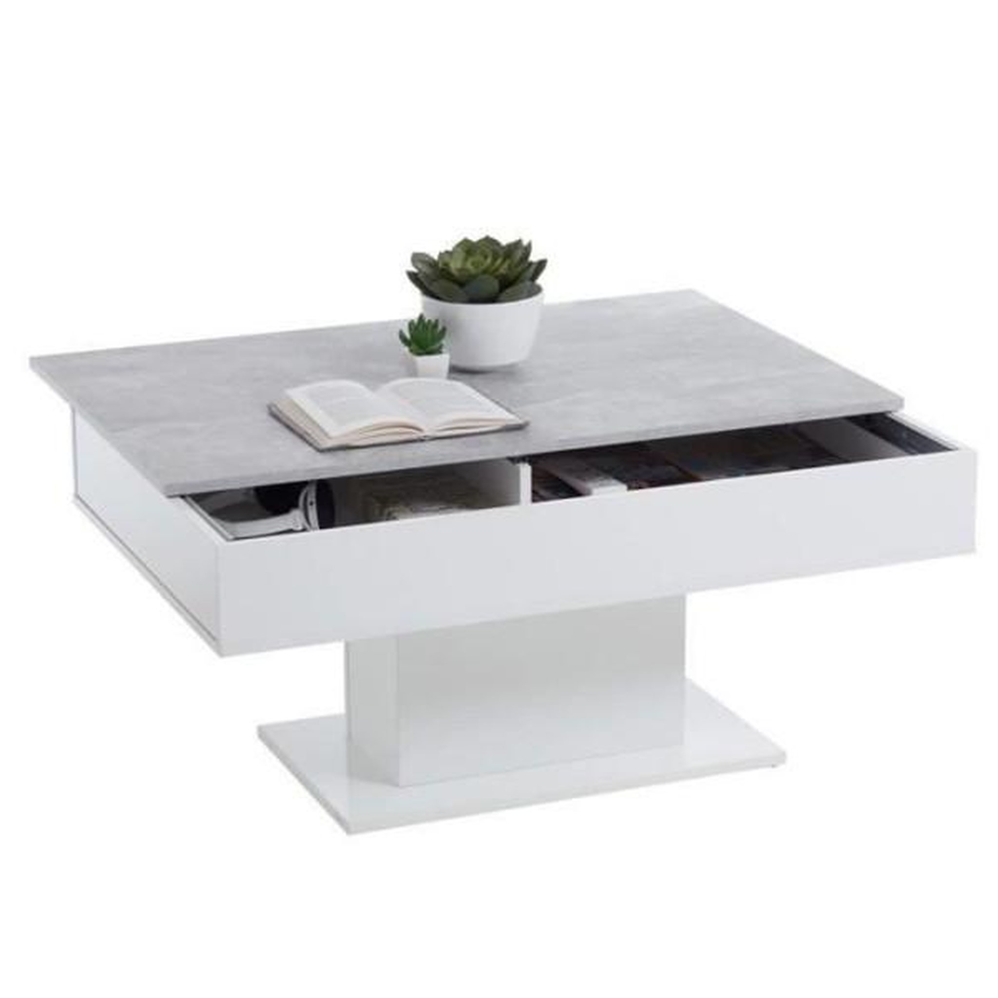 FMD Table Basse - Bout de canapé - mélamine Gris Béton et Blanc L100 x H46,1 x P65 cm