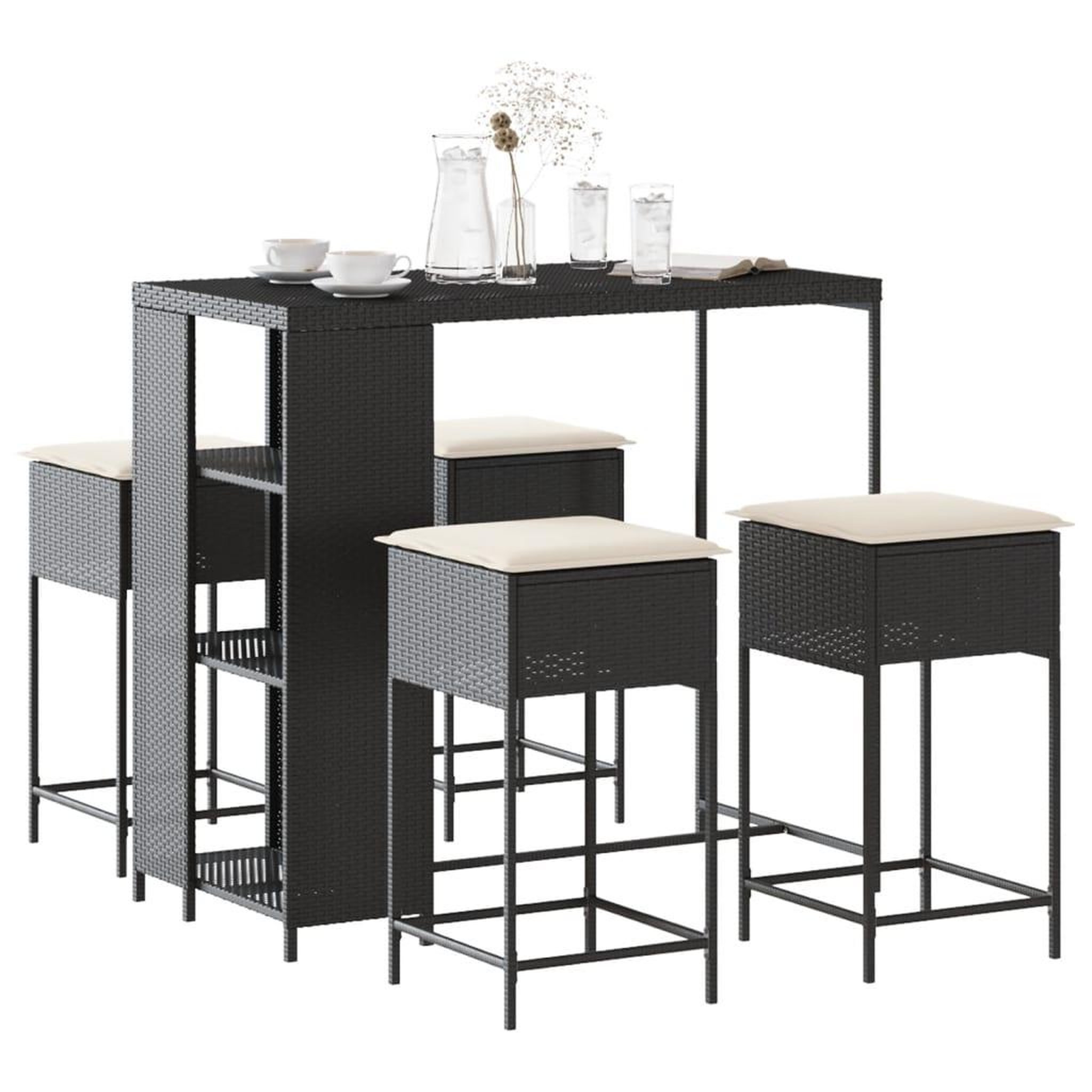 VIDAXL Ensemble de bar de jardin 5 pcs avec coussins noir poly rotin