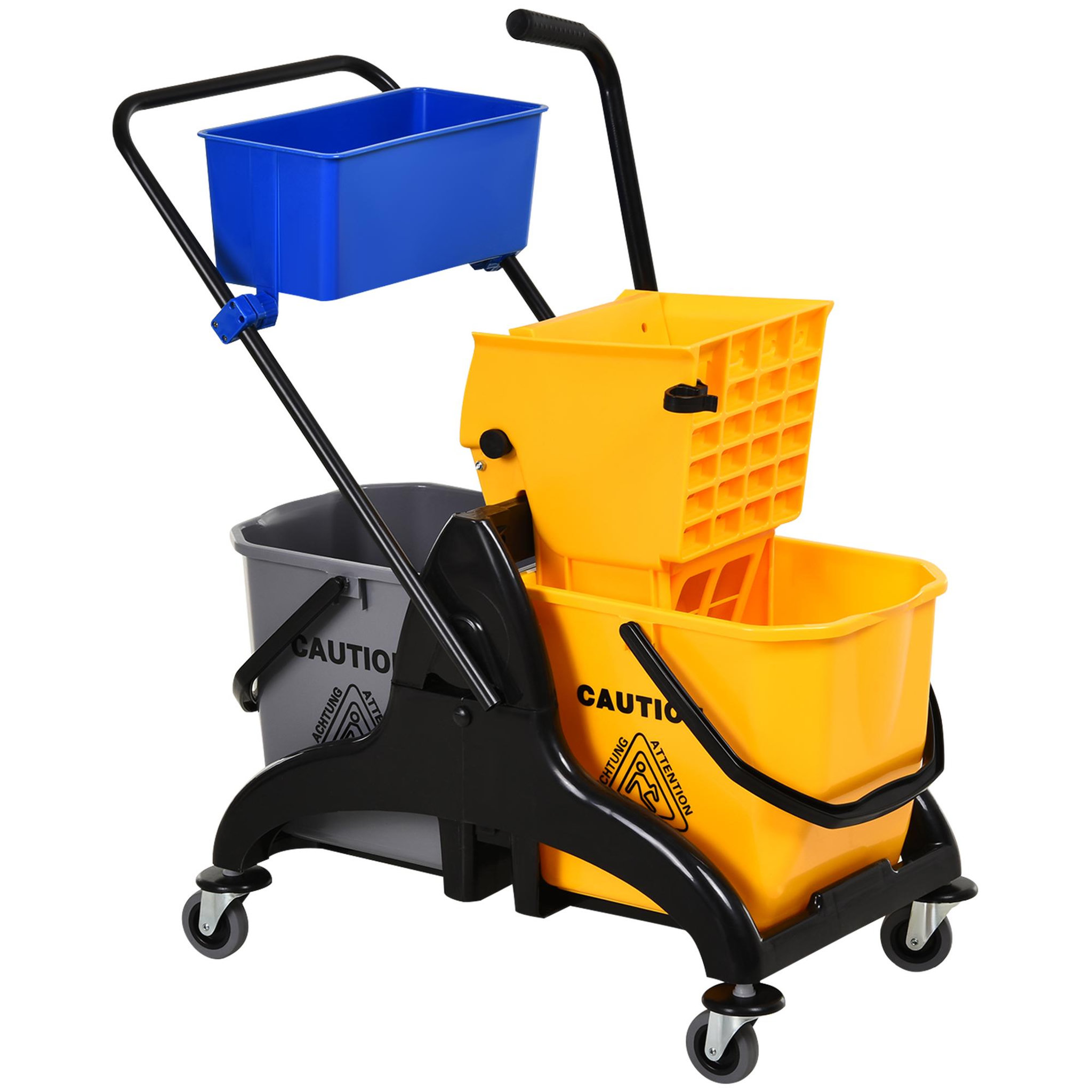 HOMCOM Chariot de lavage chariot de nettoyage professionnel presse à mâchoire 2 seaux + rangement jaune bleu