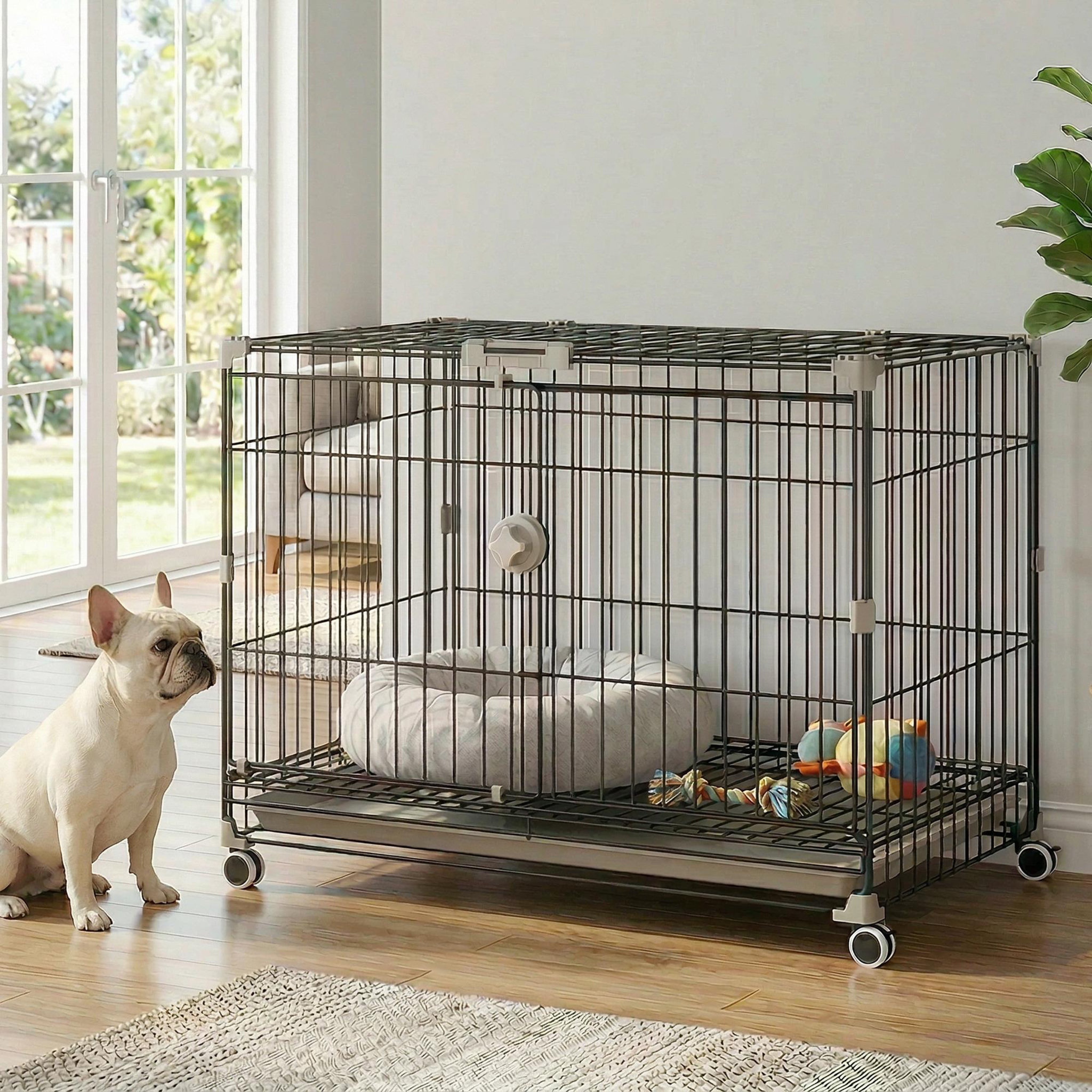 Voir la diapositive 2 : PAWHUT Cage pour chien pliable, plateau amovible, roues avec freins, toit ouvrant verrouillable, porte de nourrissage, niche chien interieur pour petits et moyens chiens, 75,5x46x64,5cm, noir