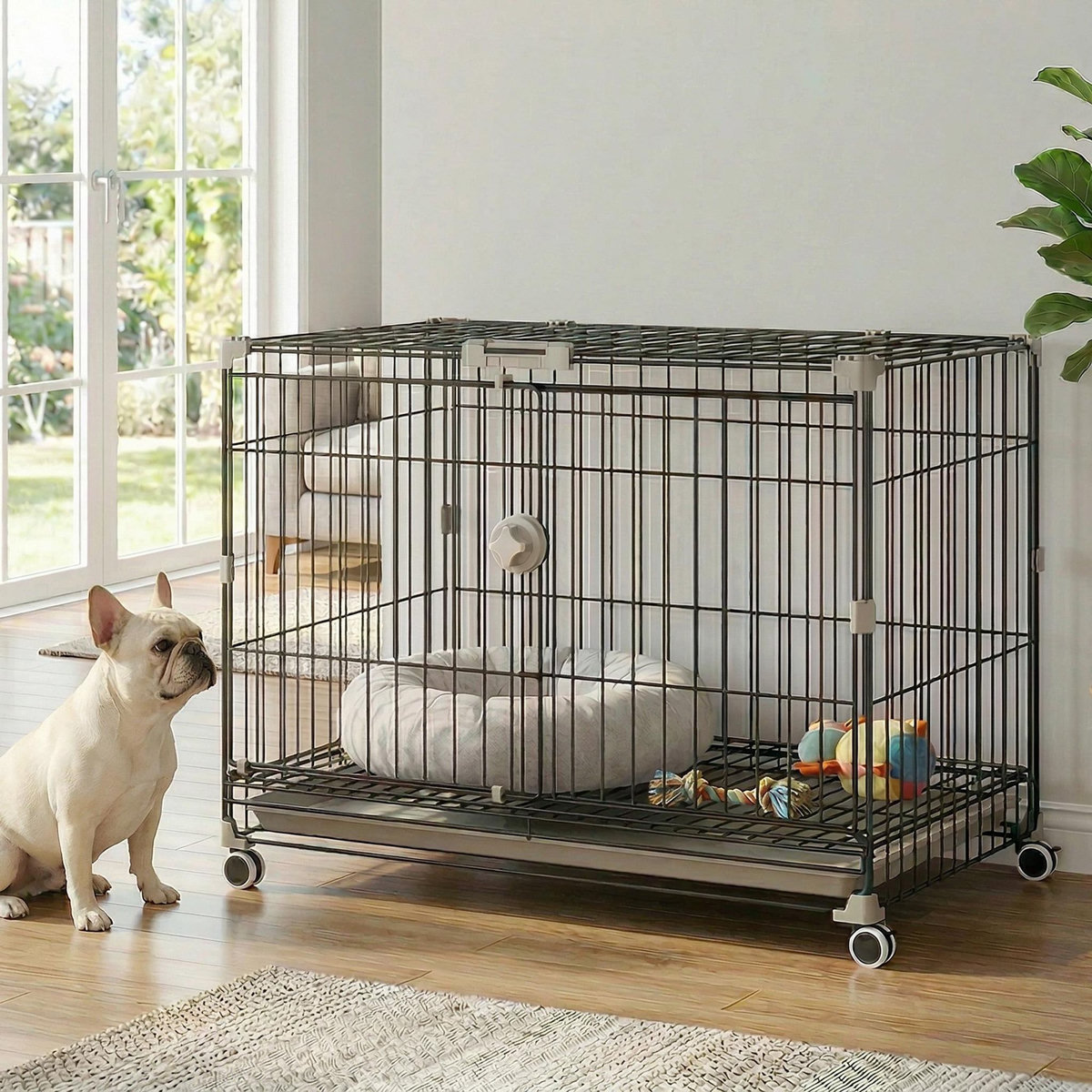 PAWHUT Cage pour Chien Pliable, Plateau Amovible, Roues avec Freins, Toit Ouvrant Verrouillable, Porte de Nourrissage, Niche Chien Interieur pour Petits et Moyens Chiens, 75,5x46x64,5cm, Noir