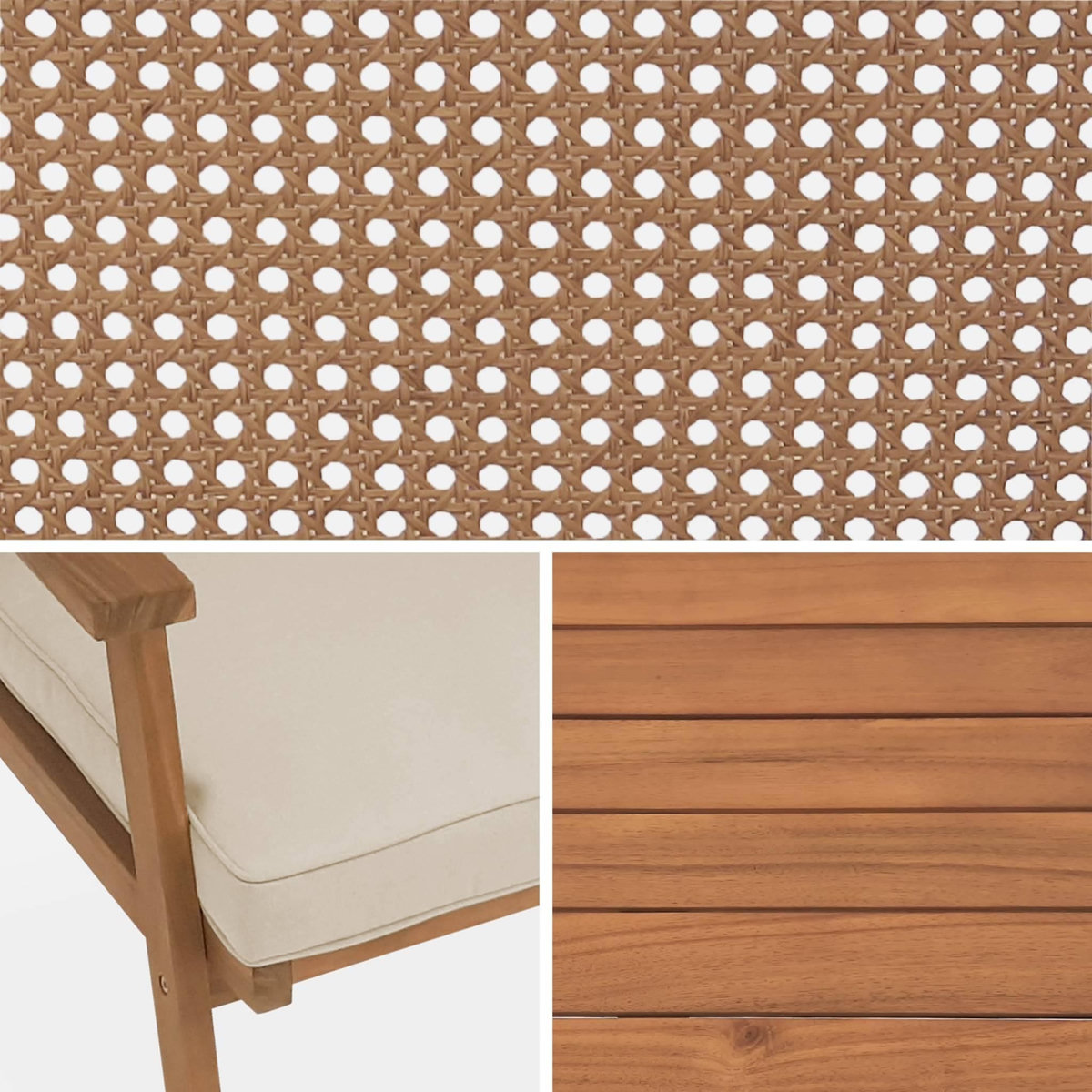 SWEEEK Salon de jardin en bois et cannage canapé 2 places, 2 fauteuils, 1 table basse - Bohémia 117x64x74 cm