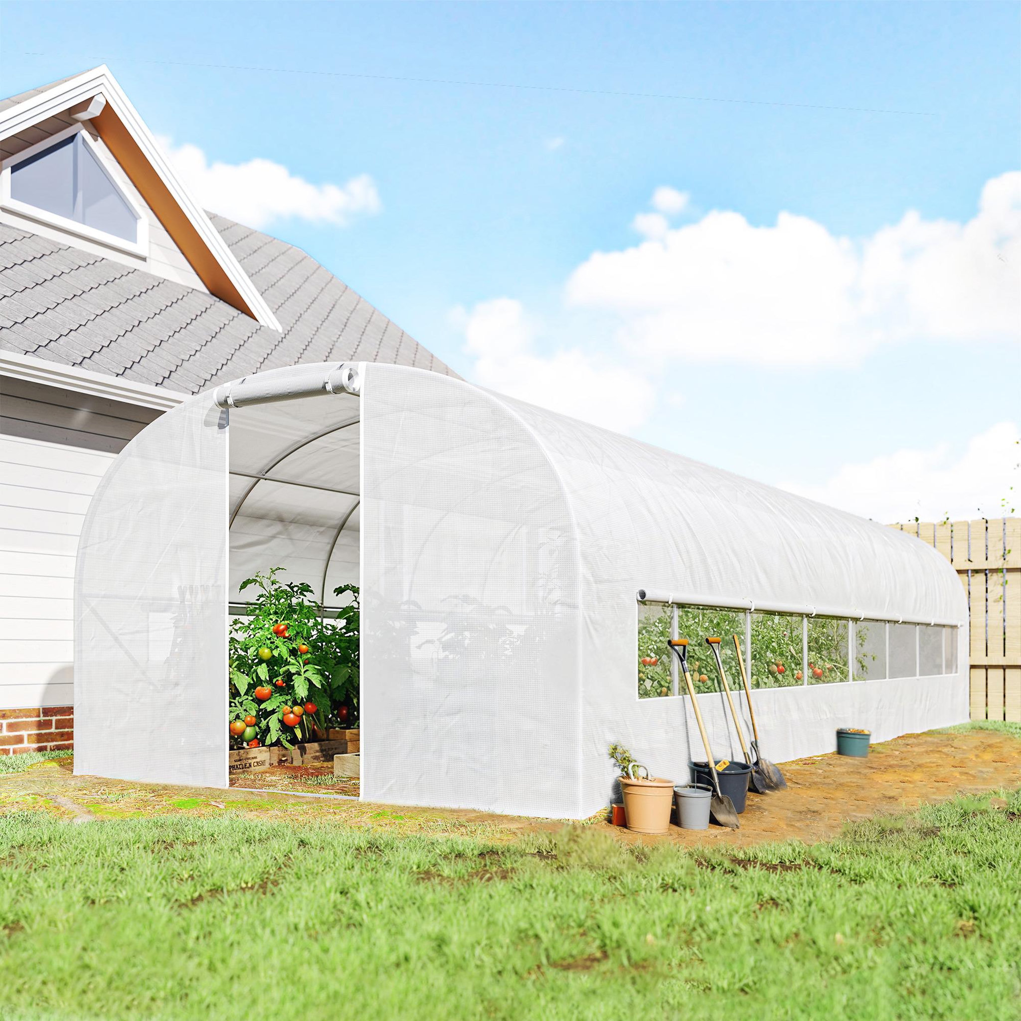 Voir la diapositive 6 : OUTSUNNY Serre tunnel de jardin 24m² 2 grandes fenêtres bâche pe 140 g/m² blanc