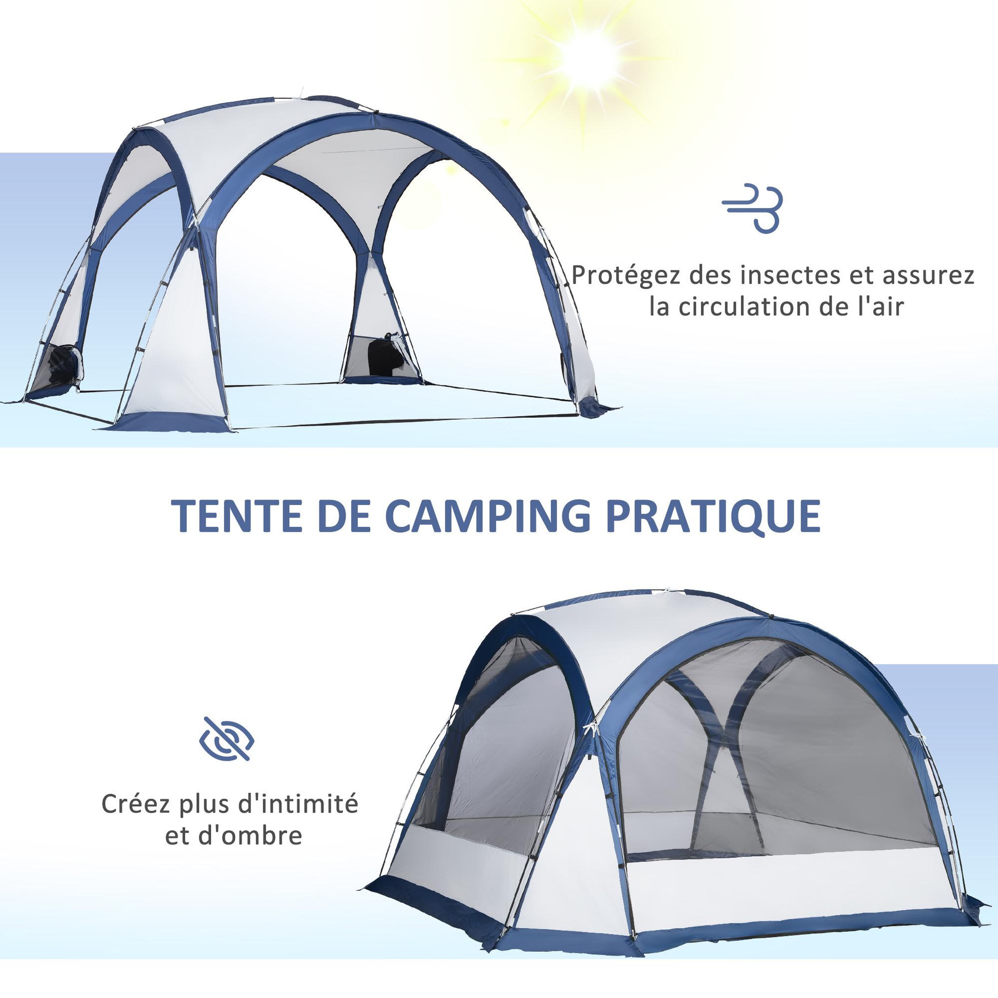 Voir la diapositive 5 : OUTSUNNY Tente de camping dôme familiale 6-8 personnes - 4 portes en filet zippées, tissu oxford amovible, crochet lampe, sac de transport - dim. 350l x 350l x 230h cm - blanc bleu