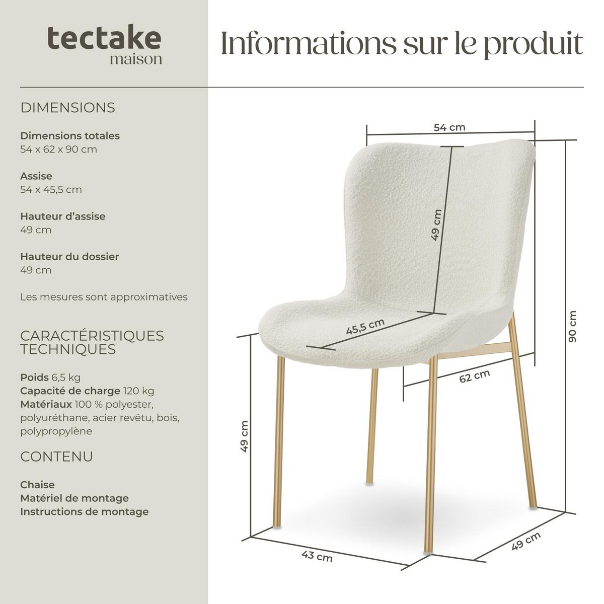 tectake Chaise rembourrée forme ergonomique avec dossier haut Bouclette blanc/doré
