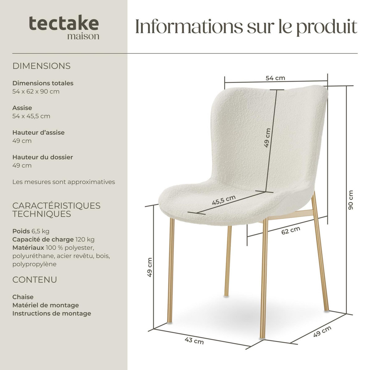 tectake Chaise rembourrée forme ergonomique avec dossier haut Bouclette blanc/doré