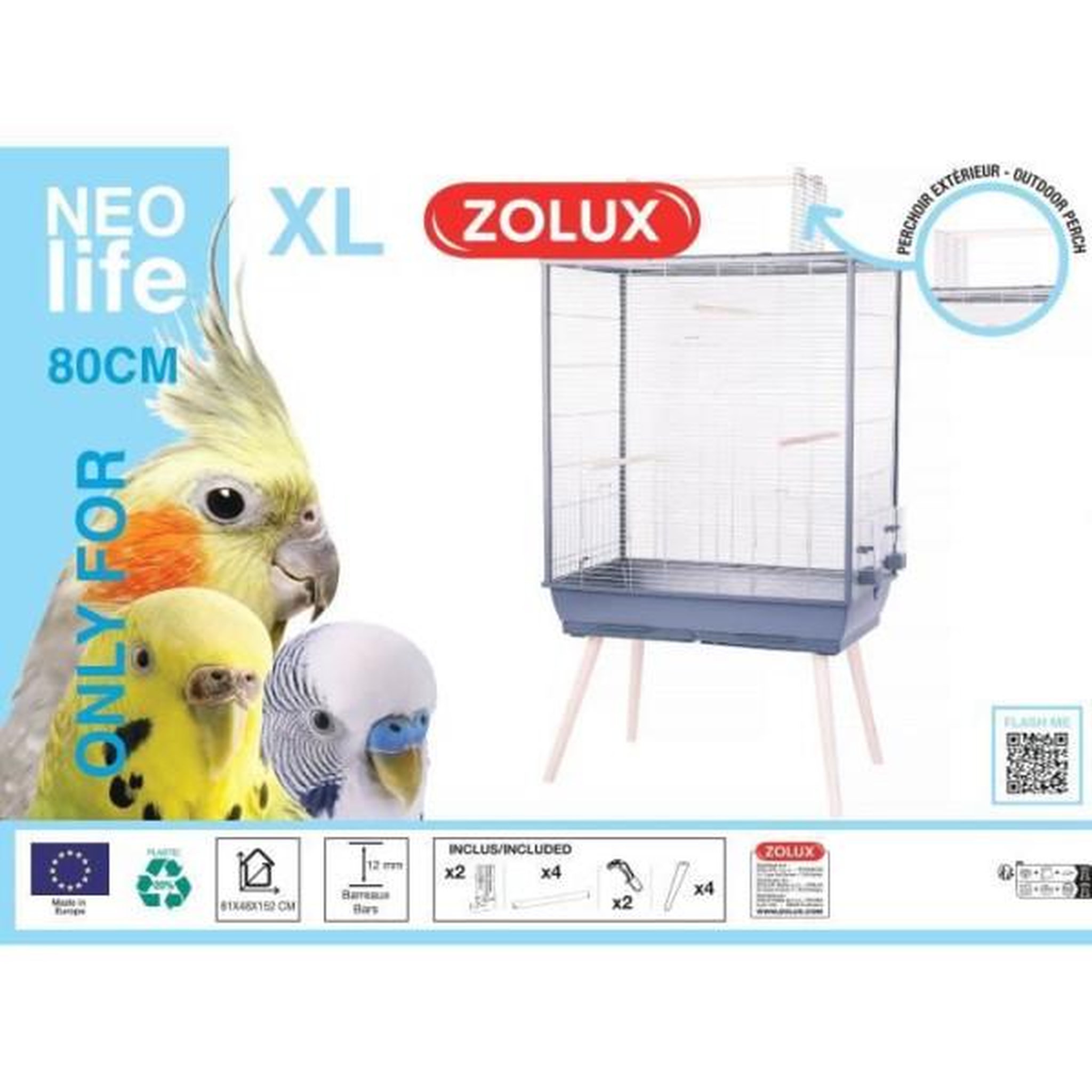 Voir la diapositive 2 : Zolux ZOLUX Cage grillagée surélevée pour oiseau - Pour perruche, calopsitte, canari - 81 x 48 x 152 cm - Néolife - Gris