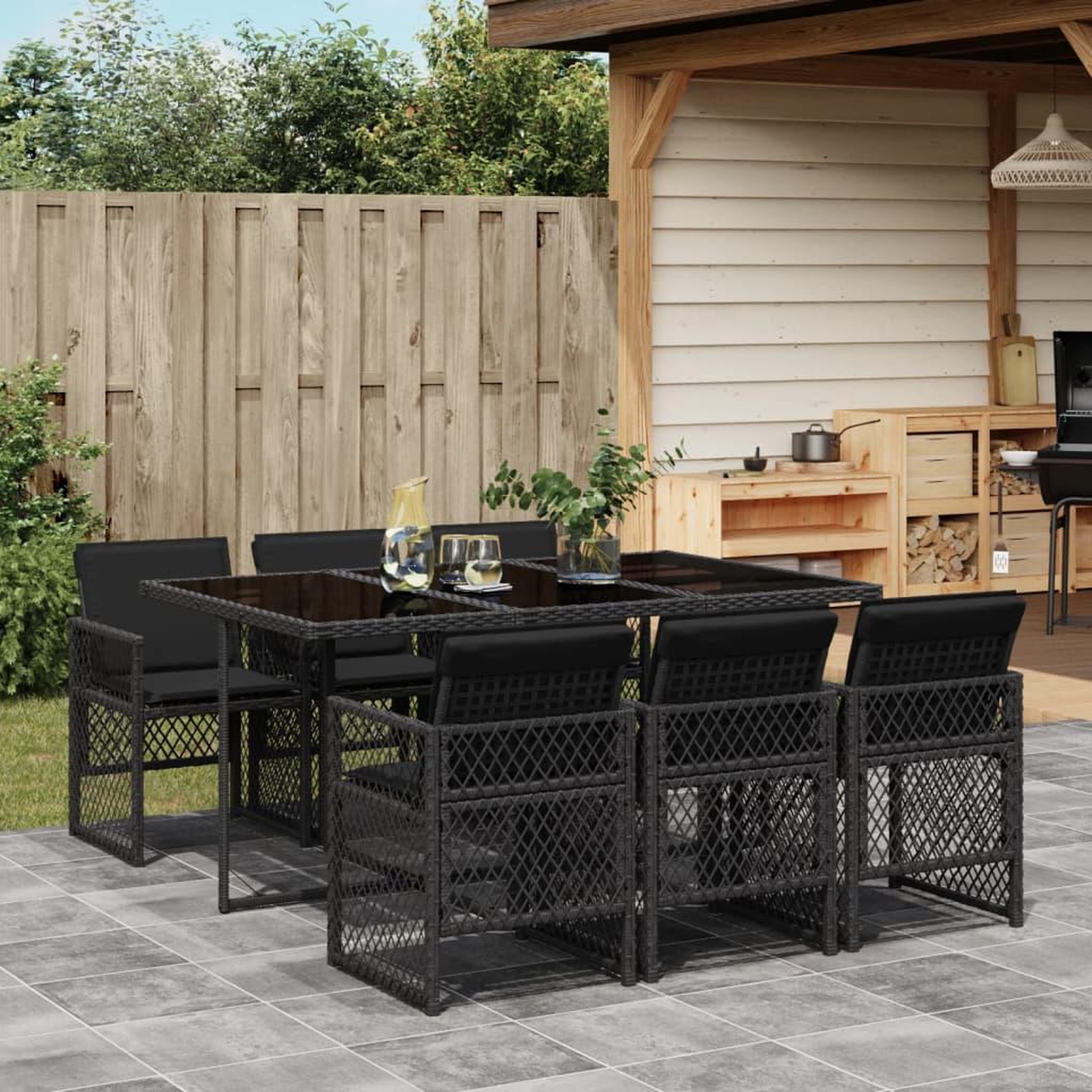VIDAXL Ensemble a manger de jardin coussins 7 pcs noir resine tressee