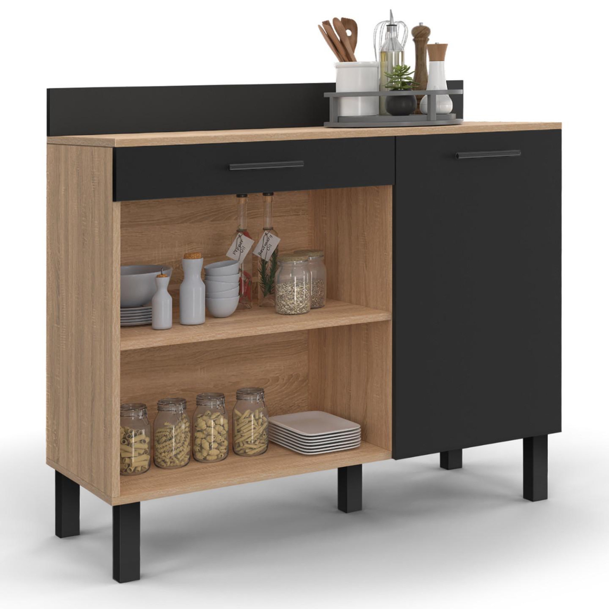 ID MARKET Buffet bas de cuisine 100 cm cina plan de travail h.83 cm 1 porte + 1 tiroir façon hêtre et noir