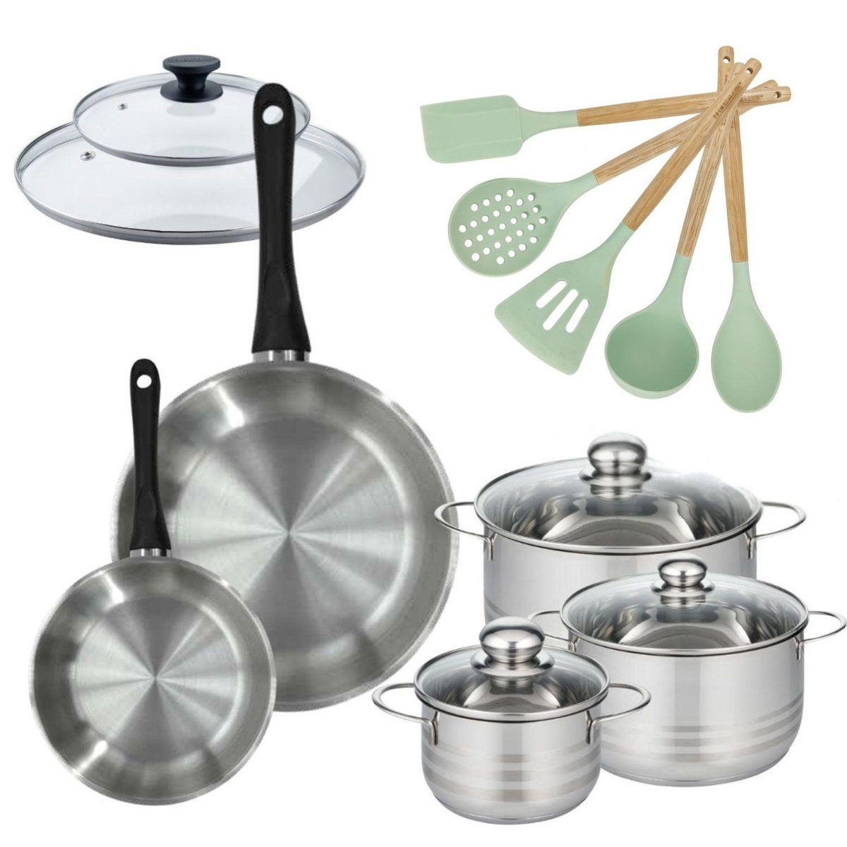 Fackelmann Lot 3 Faitouts 16/20/24cm et 2 Poêles 20/28cm Fackelmann Généva avec 5 ustensiles