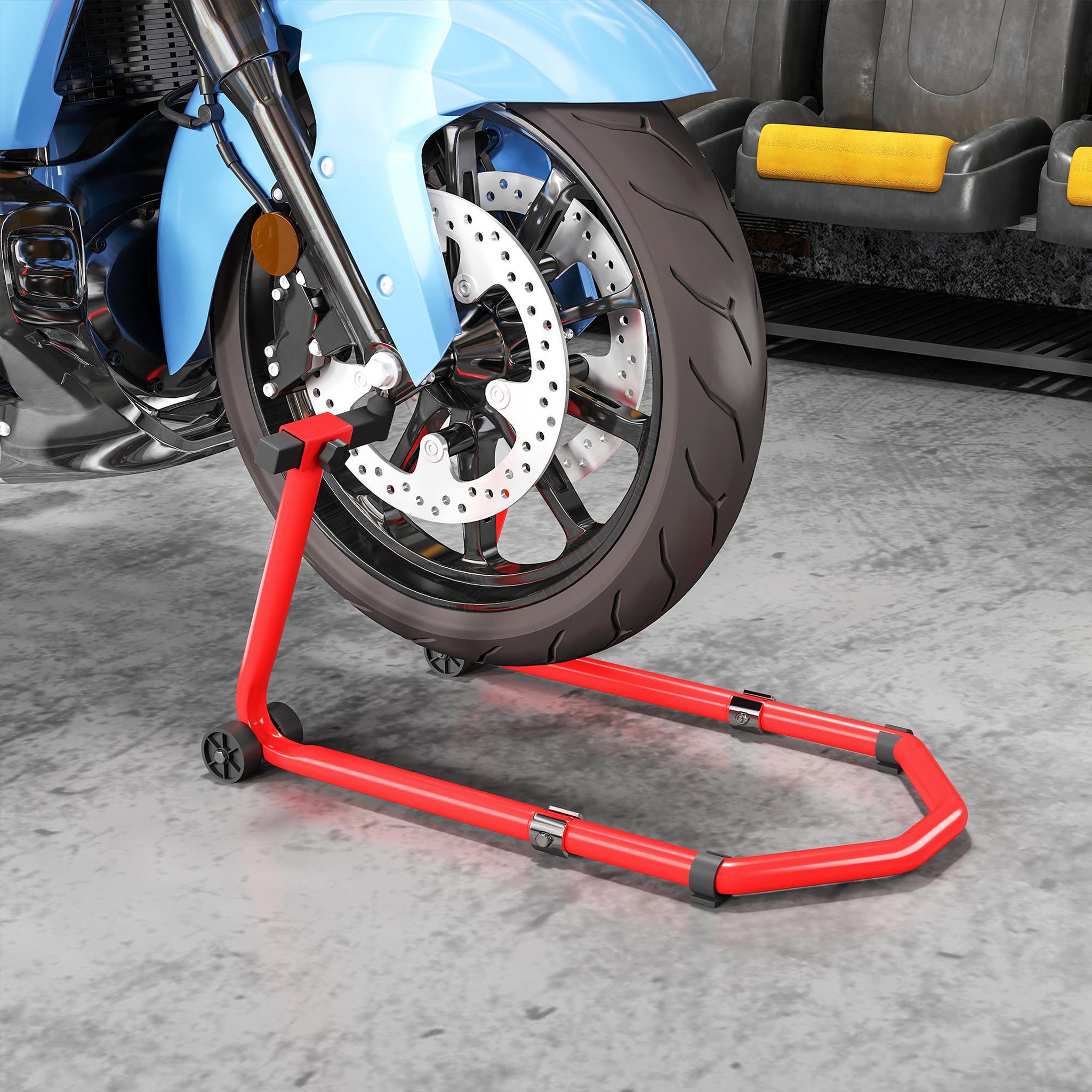 Voir la diapositive 2 : HOMCOM Béquille roue avant arrière charge 390 kg, béquille d'atelier moto avec bras réglable en acier, lève-moto fourche en forme de U + L, pour réparation entretien stockage domicile, rouge