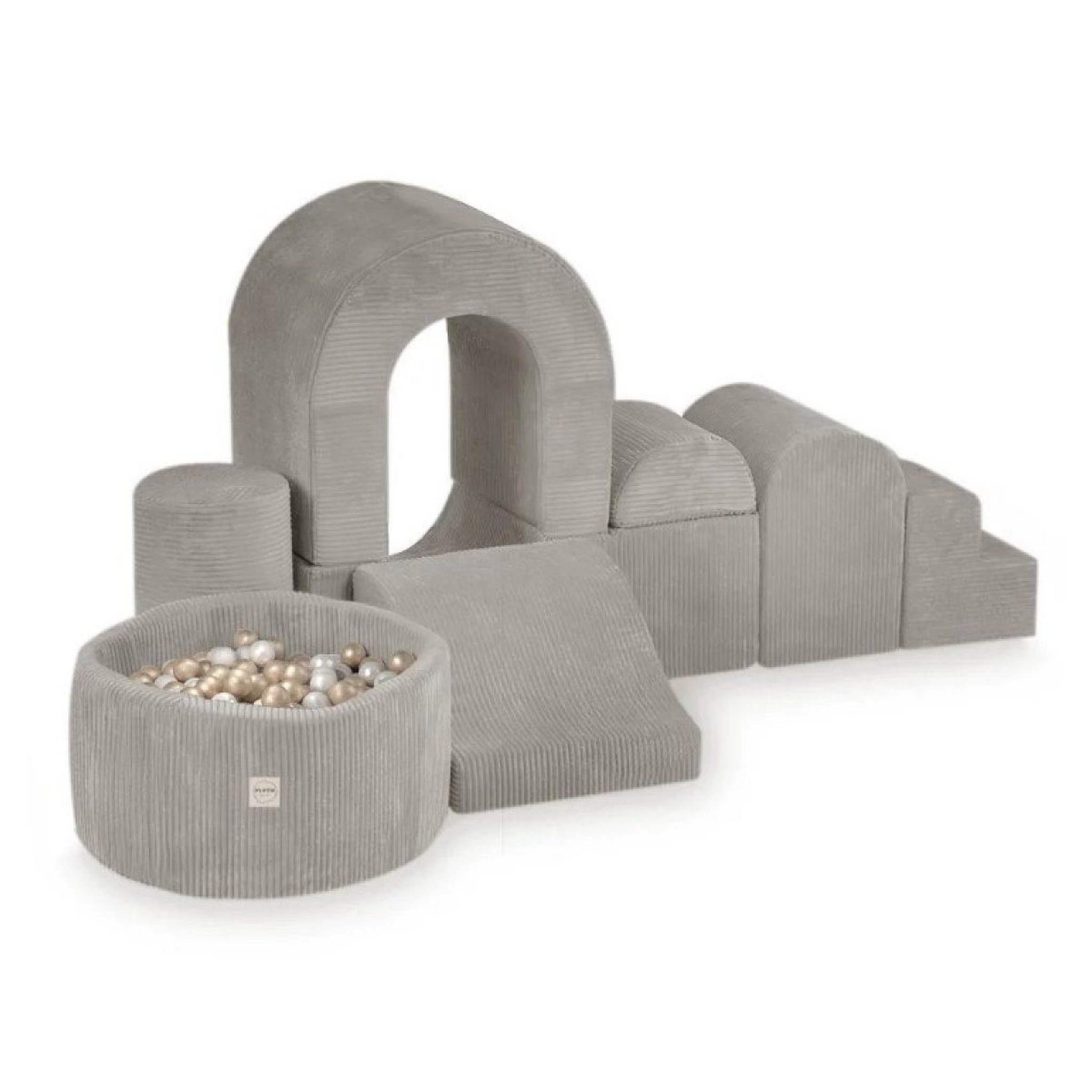 PLUSH NEST Château de jeux velours côtelé beige avec piscine 150 balles or nacré