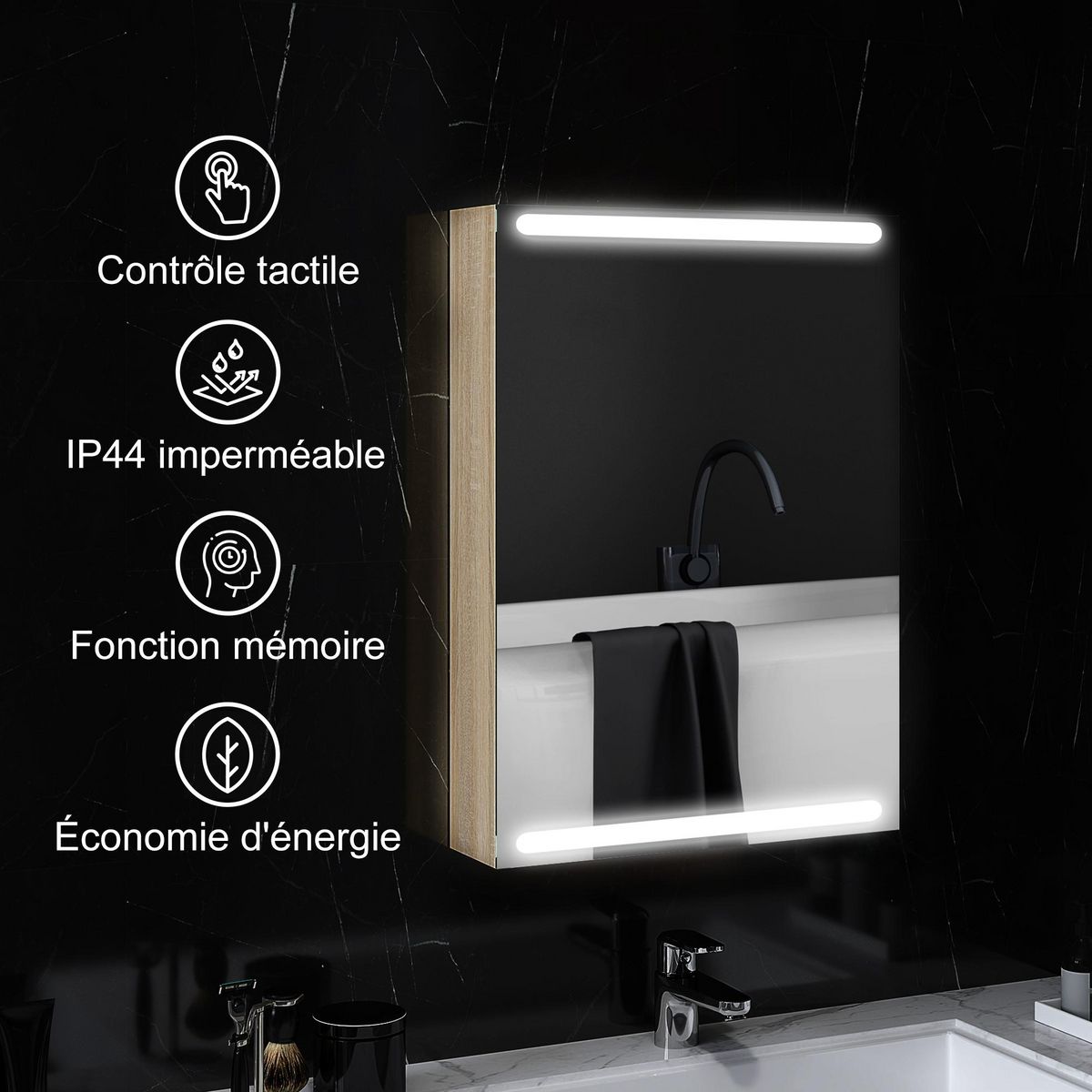 HOMCOM Armoire murale salle de bain  1 porte miroir lumineux LED intégré 50 x 70 cm 2 étagères verre effet bois