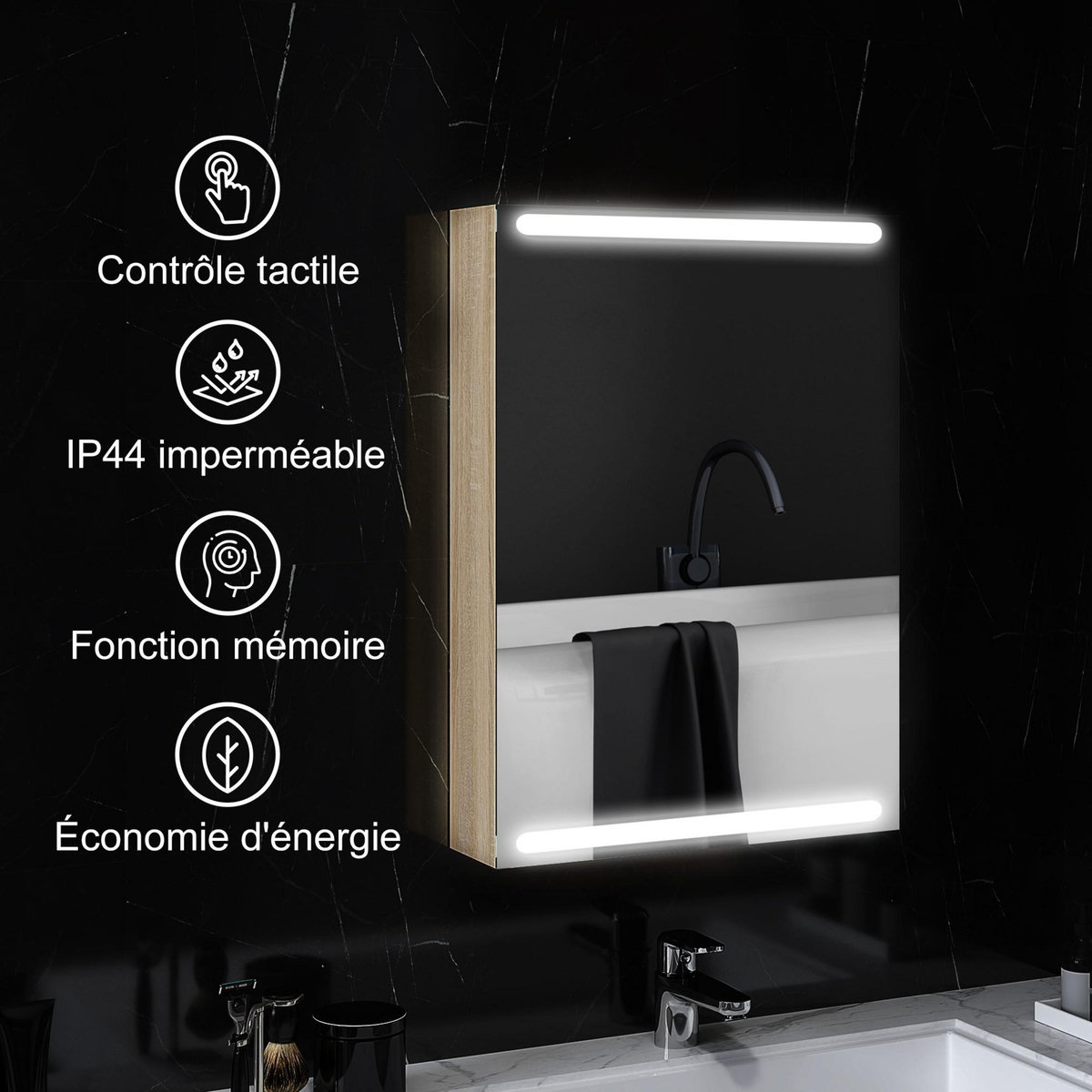 HOMCOM Armoire murale salle de bain  1 porte miroir lumineux LED intégré 50 x 70 cm 2 étagères verre effet bois