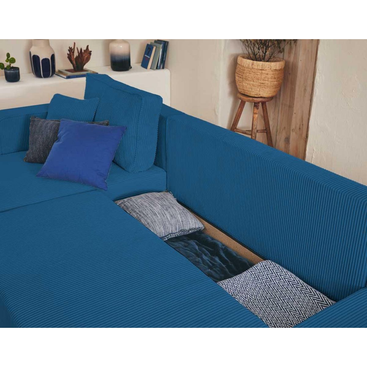 BEST MOBILIER Topaze - canapé panoramique en u - 7 places - convertible avec coffre - en velours côtelé