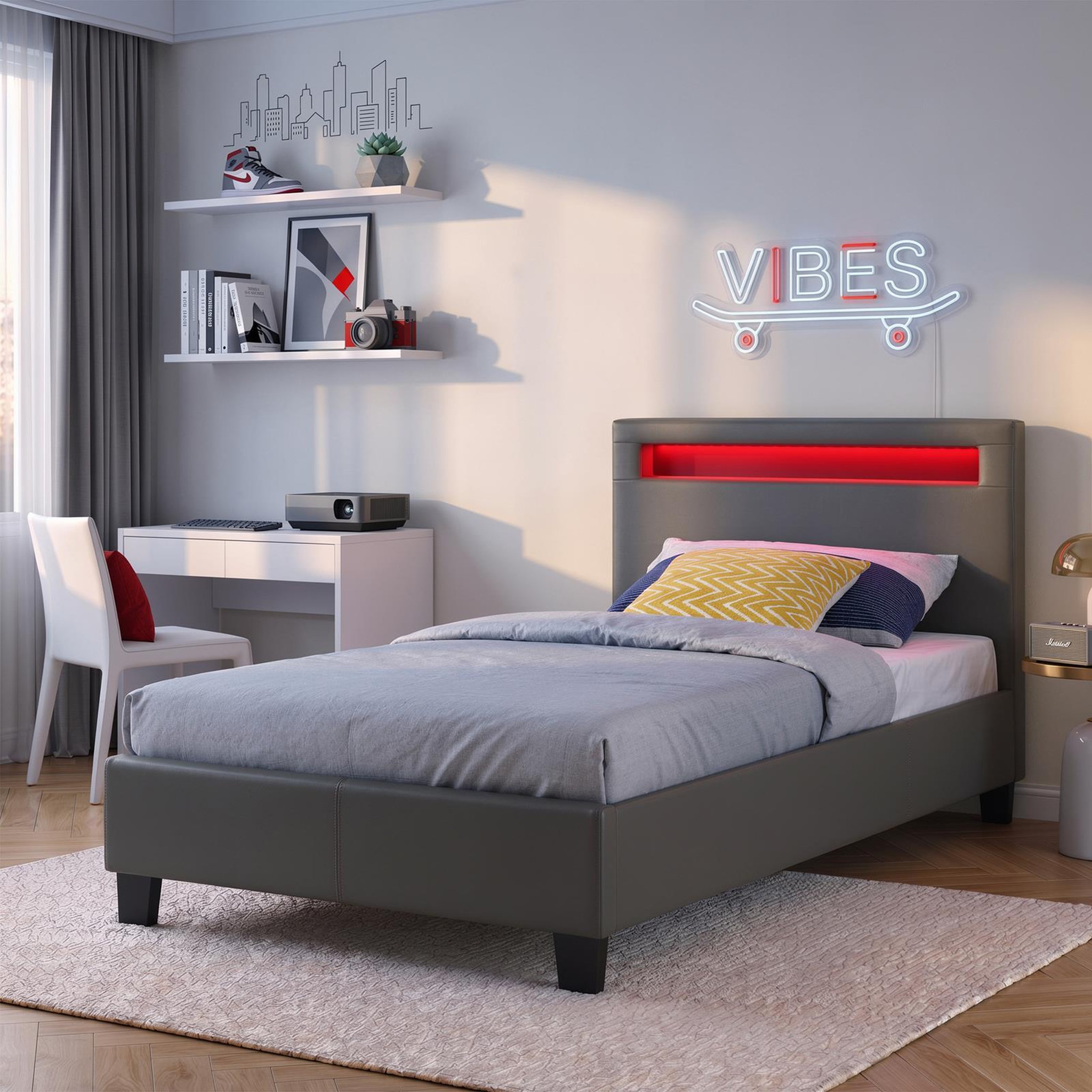 Voir la diapositive 2 : IDIMEX Lit LED simple LUCENO 90x190 cm, avec sommier, revêtement synthétique