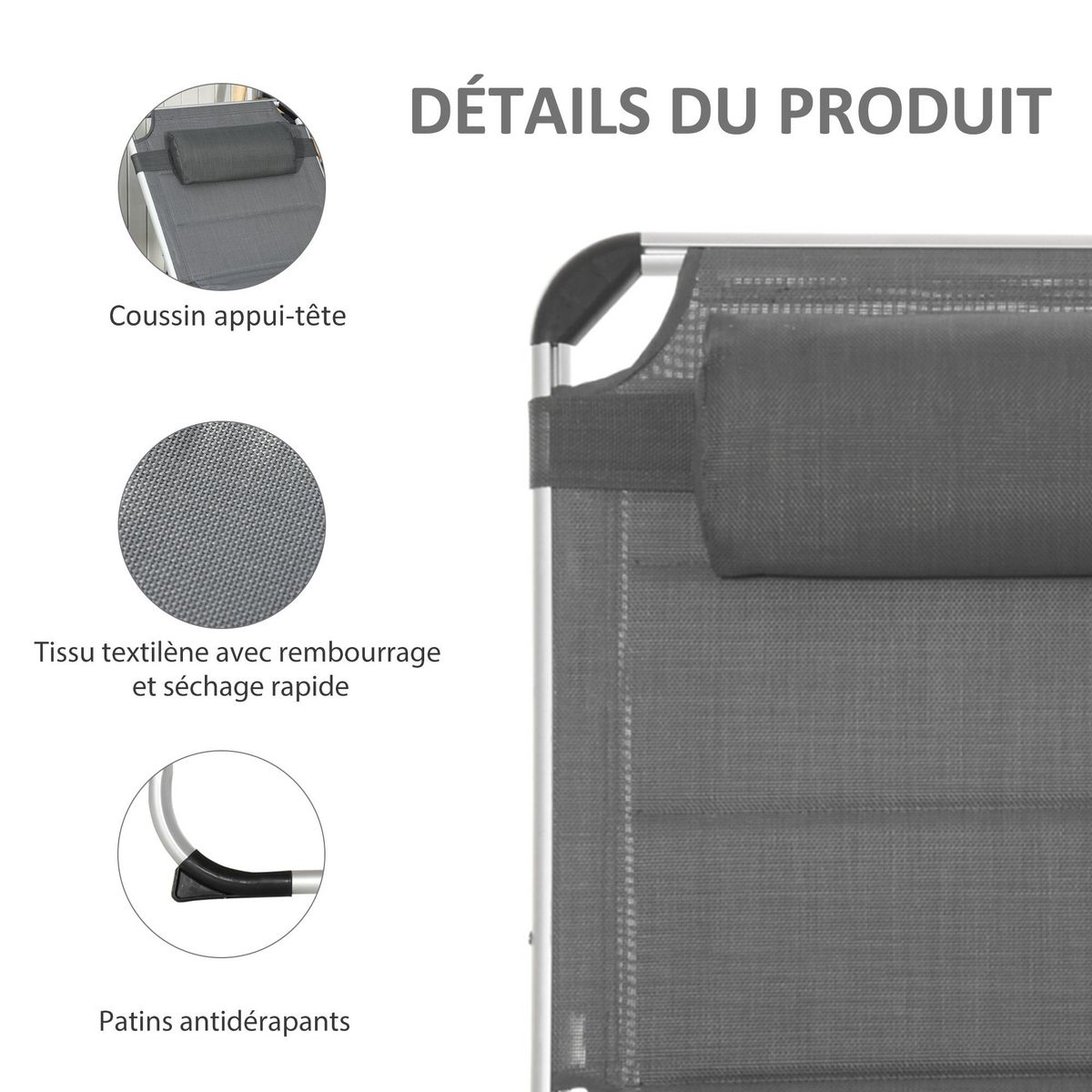 OUTSUNNY Bain de soleil transat pliable dossier réglable multi-positions matelassage tétière alu textilène gris