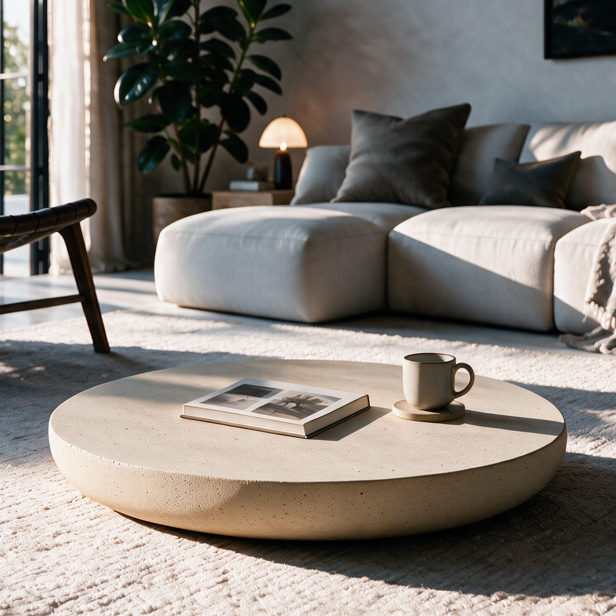 Voir la diapositive 2 : MAISON PAVANE Table basse ronde beige en fibre d'argile effet béton d100 cm-milos